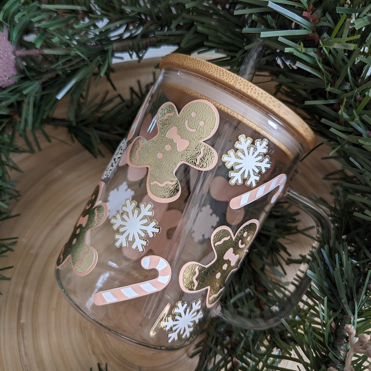 Christmas pastel and light gold gingerbread man, candy cane and snowflake 16oz glass cup or 17oz glass mug with bamboo lid & reusable straw.