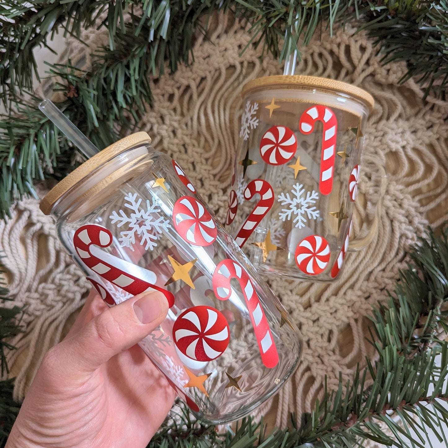 Christmas candy cane theme 16oz glass cup or 17oz glass mug with bamboo lid & reusable plastic straw. Metallic red and glitter white. Coffee