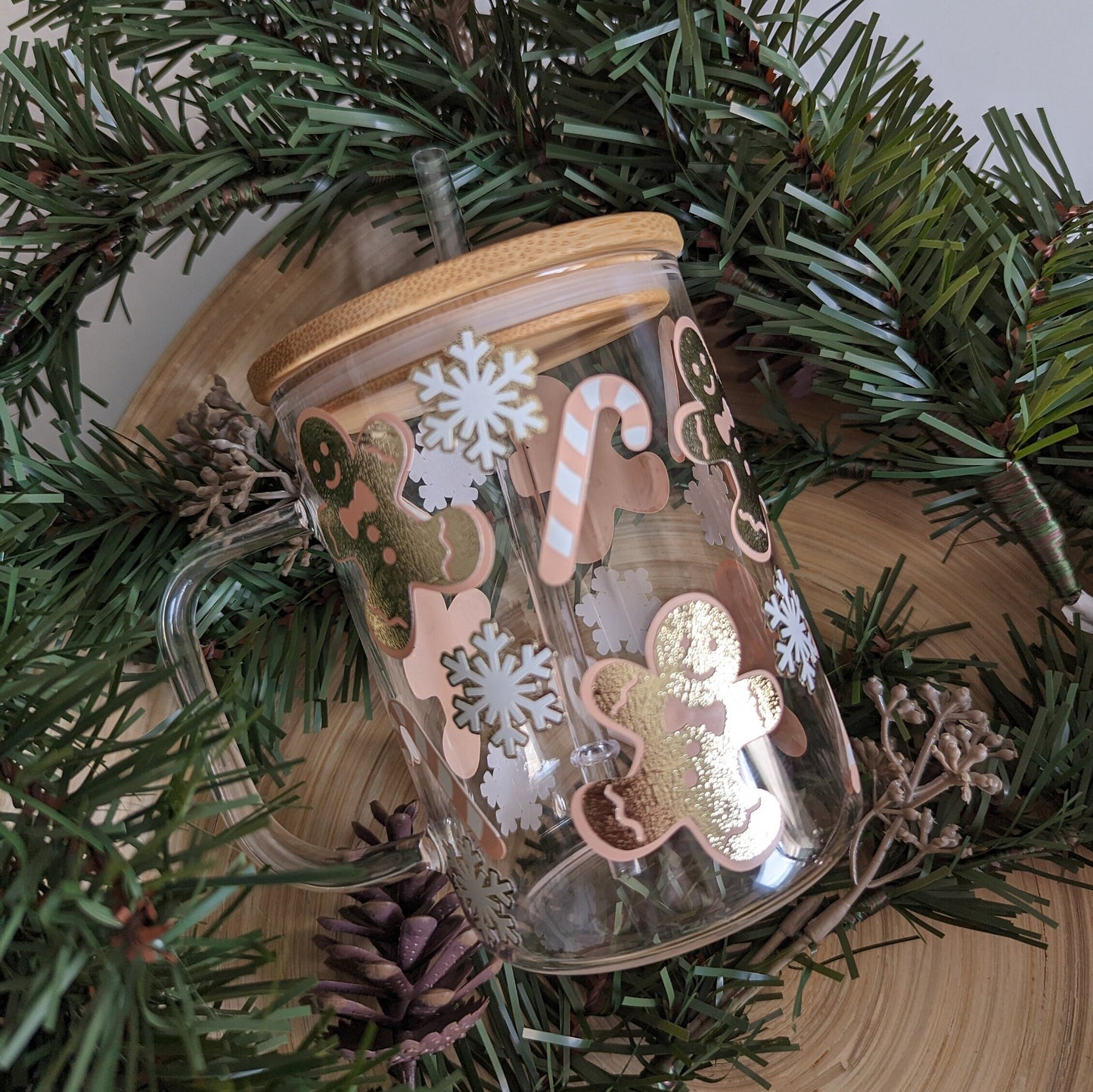 Christmas pastel and light gold gingerbread man, candy cane and snowflake 16oz glass cup or 17oz glass mug with bamboo lid & reusable straw.