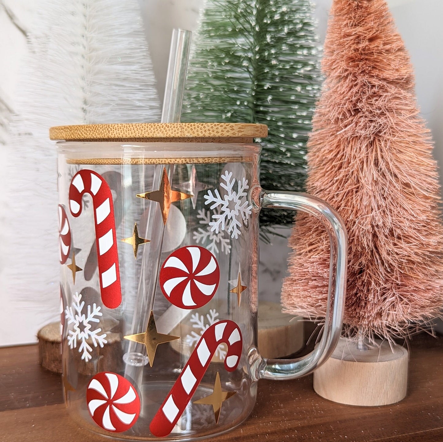 Christmas candy cane theme 16oz glass cup or 17oz glass mug with bamboo lid & reusable plastic straw. Metallic red and glitter white. Coffee