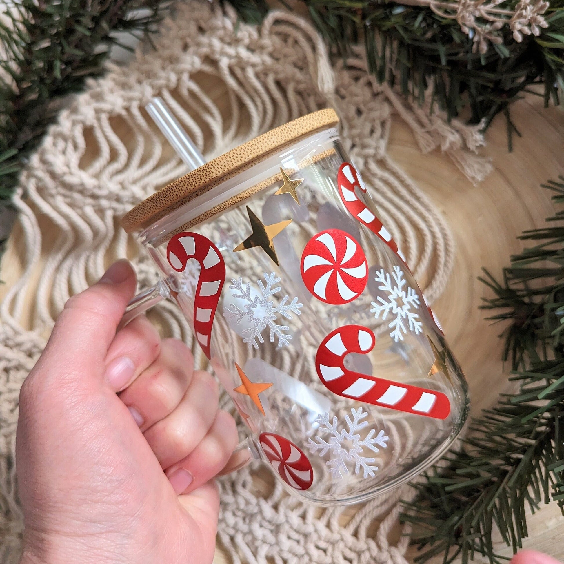 Christmas candy cane theme 16oz glass cup or 17oz glass mug with bamboo lid & reusable plastic straw. Metallic red and glitter white. Coffee