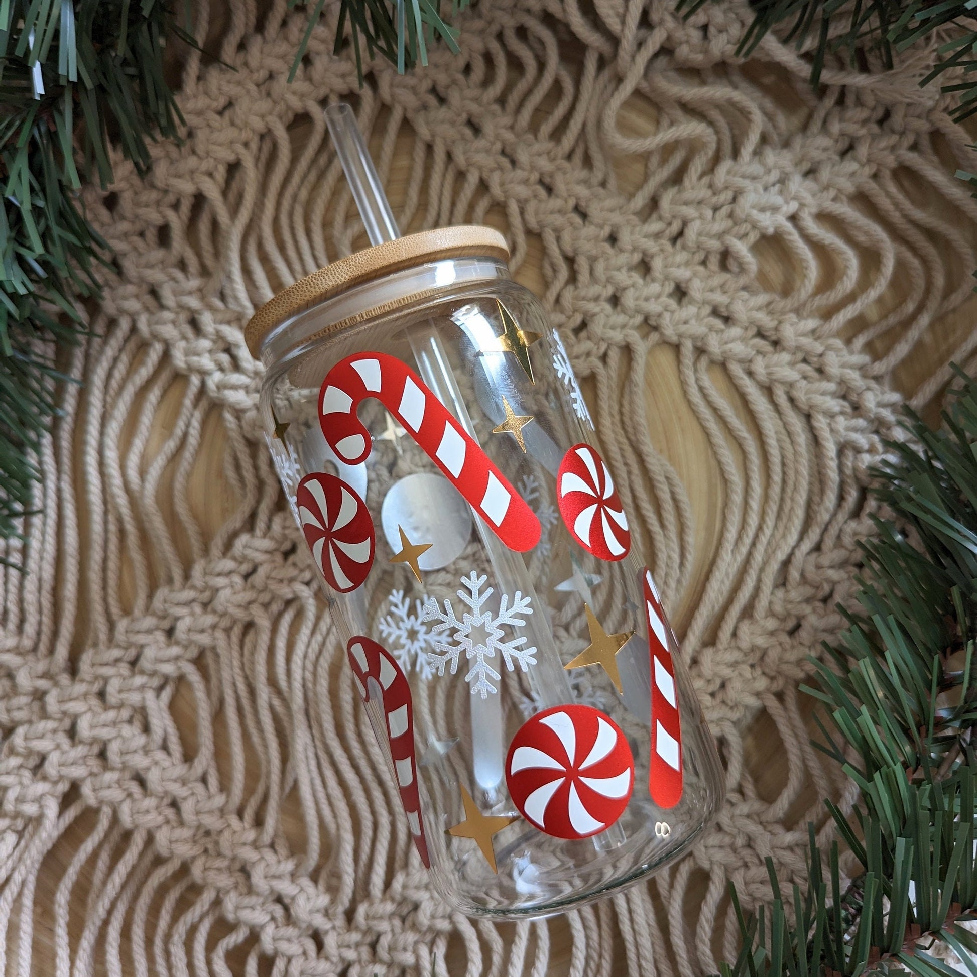 Christmas candy cane theme 16oz glass cup or 17oz glass mug with bamboo lid & reusable plastic straw. Metallic red and glitter white. Coffee