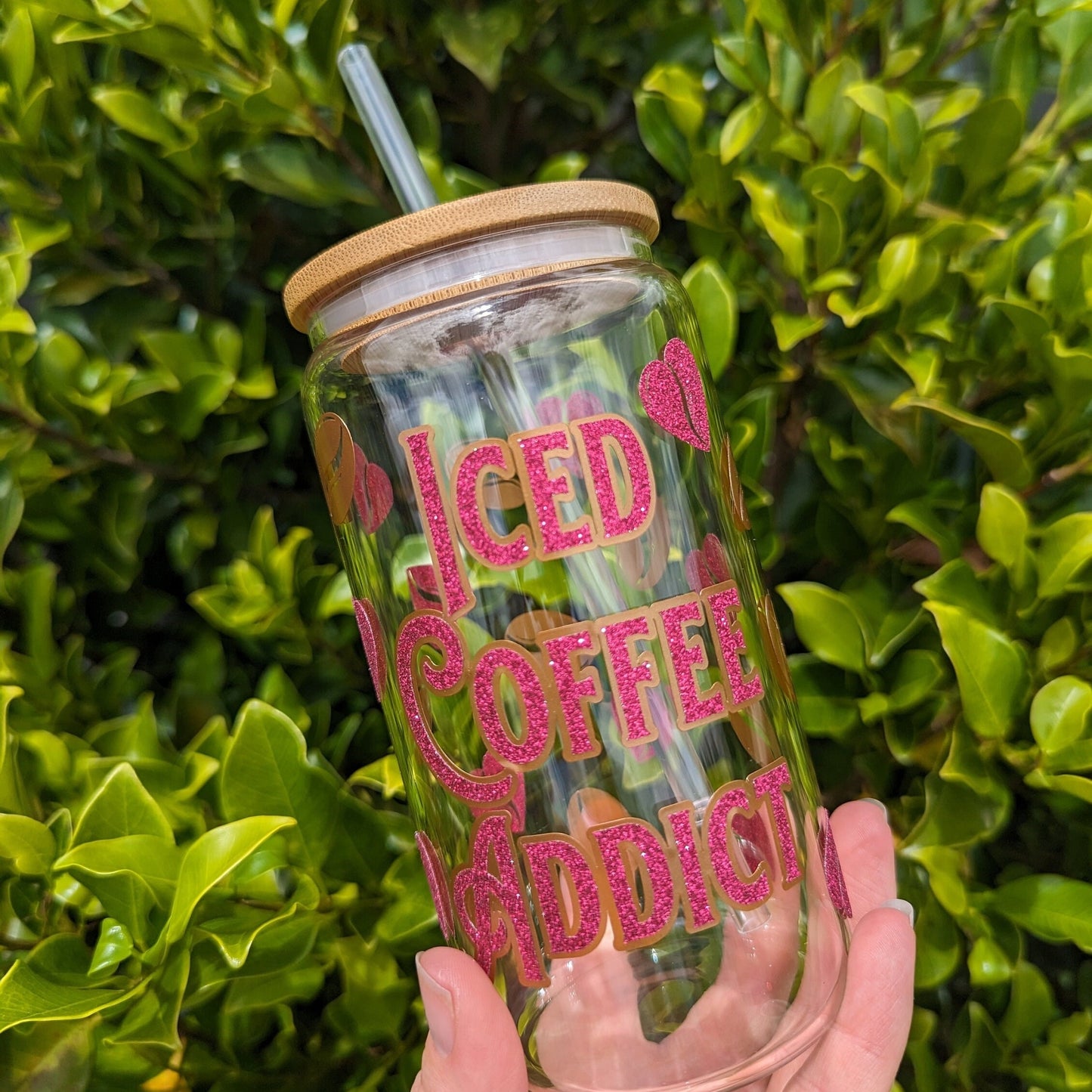 Iced Coffee Addict Pink Glitter & Copper 16oz glass can cup with bamboo lid and reusable plastic straw. Coffee. Vinyl cup. Pink. Glass