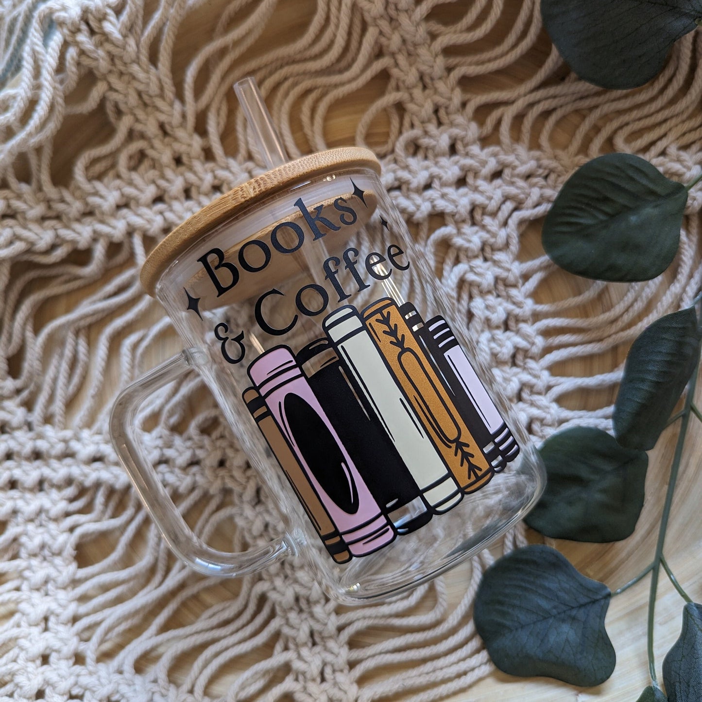 Books and Coffee 17oz Glass Mug with Bamboo Lid & Reusable Plastic Straw