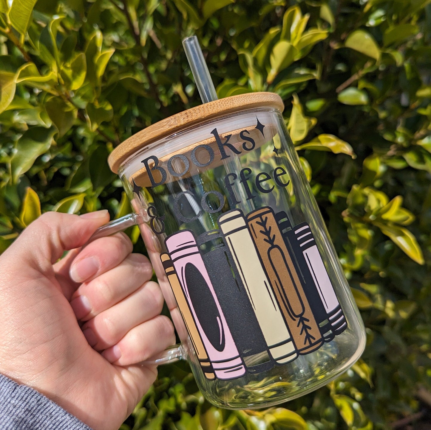 Books and Coffee 17oz Glass Mug with Bamboo Lid & Reusable Plastic Straw