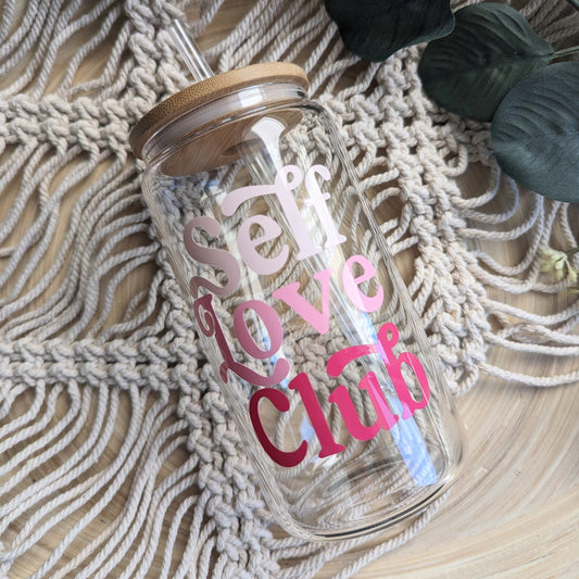 Pink self love club 16oz glass can cup or 17oz glass mug with bamboo lid & reusable plastic straw. Iced coffee cup. Glass mug. Pink theme