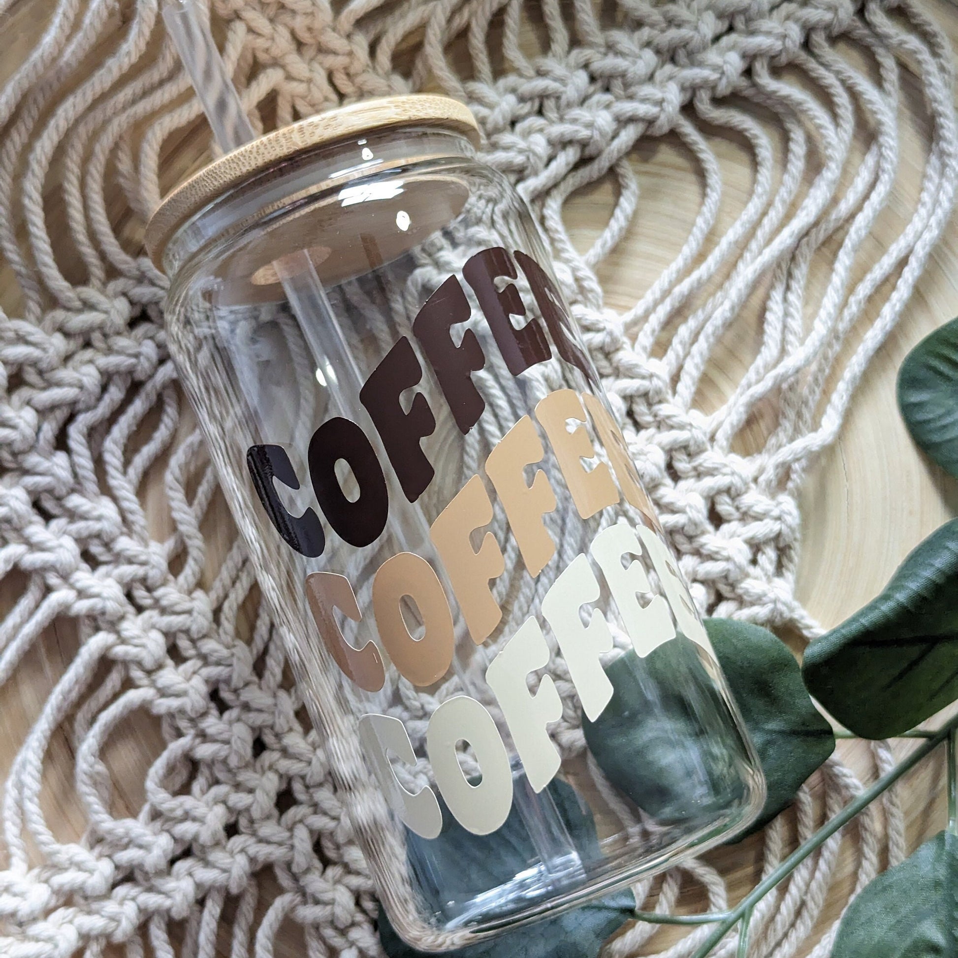 Coffee coffee coffee brown tones 16oz glass can cup or glass mug with bamboo lid & reusable straw. Coffee lovers. Vinyl mug. Neutral tones