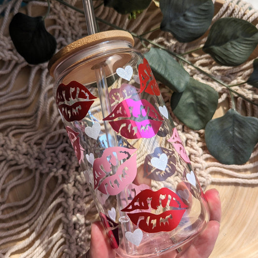 Lipstick kisses 16oz glass cup or 17oz glass mug. Red, pink, white glitter. Kisses iced coffee cup. Valentine's Day. Gift. Coffee. Lips