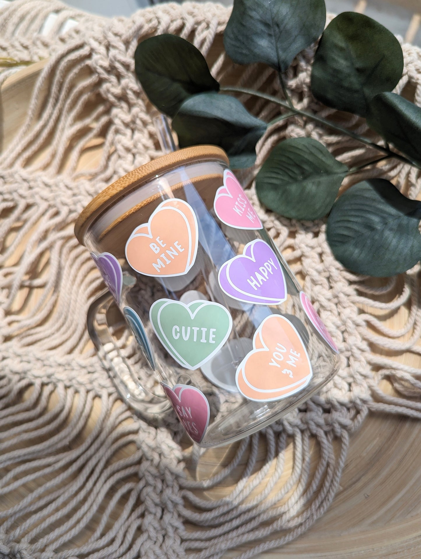 Pastel and white nice or rude heart candy 16oz glass can cup or 17oz glass mug with bamboo lid and reusable straw. Cute iced coffee cup