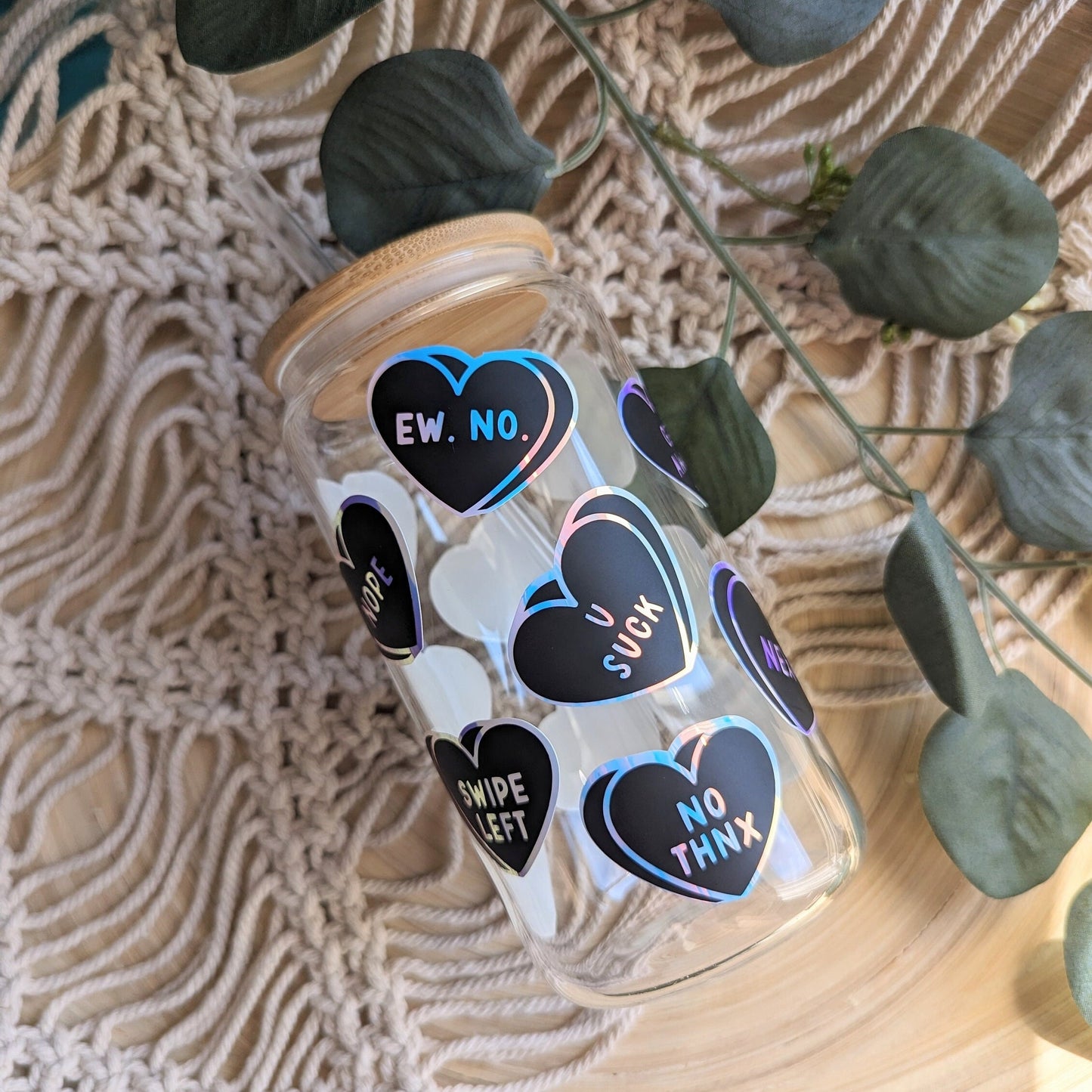 Black and holographic candy hearts. Sweet or sour theme 16oz glass can or 17oz glass mug with bamboo lid & reusable plastic straw.Coffee cup