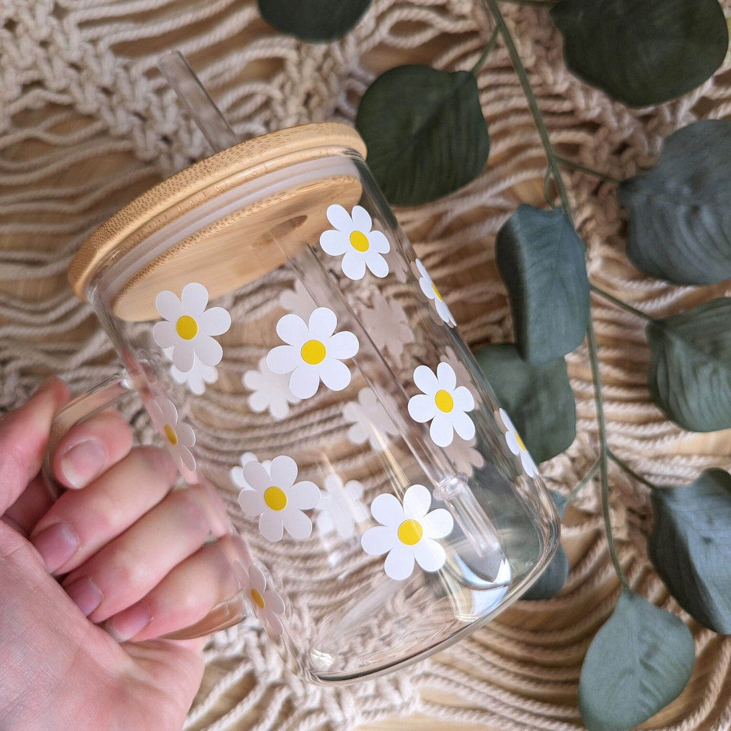 Daisy Fields 16oz glass can cup or 17oz glass mug with bamboo lid and reusable plastic straw. Coffee cup. Girly cup. Cute iced coffee cup.