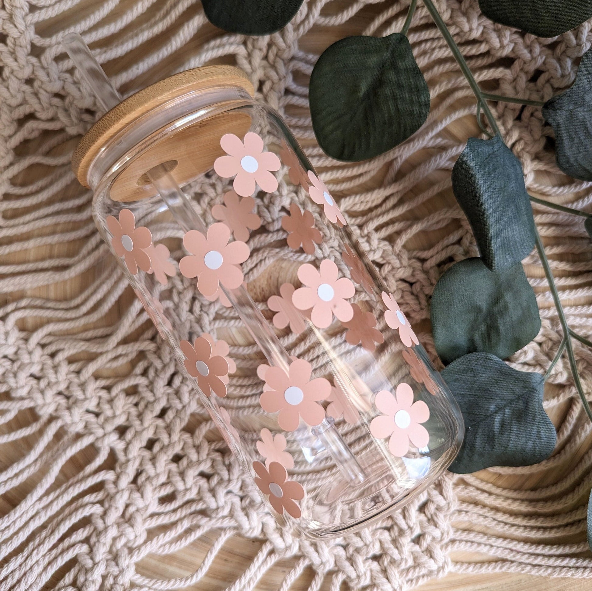 Daisy Fields 16oz glass can cup or 17oz glass mug with bamboo lid and reusable plastic straw. Coffee cup. Girly cup. Cute iced coffee cup.