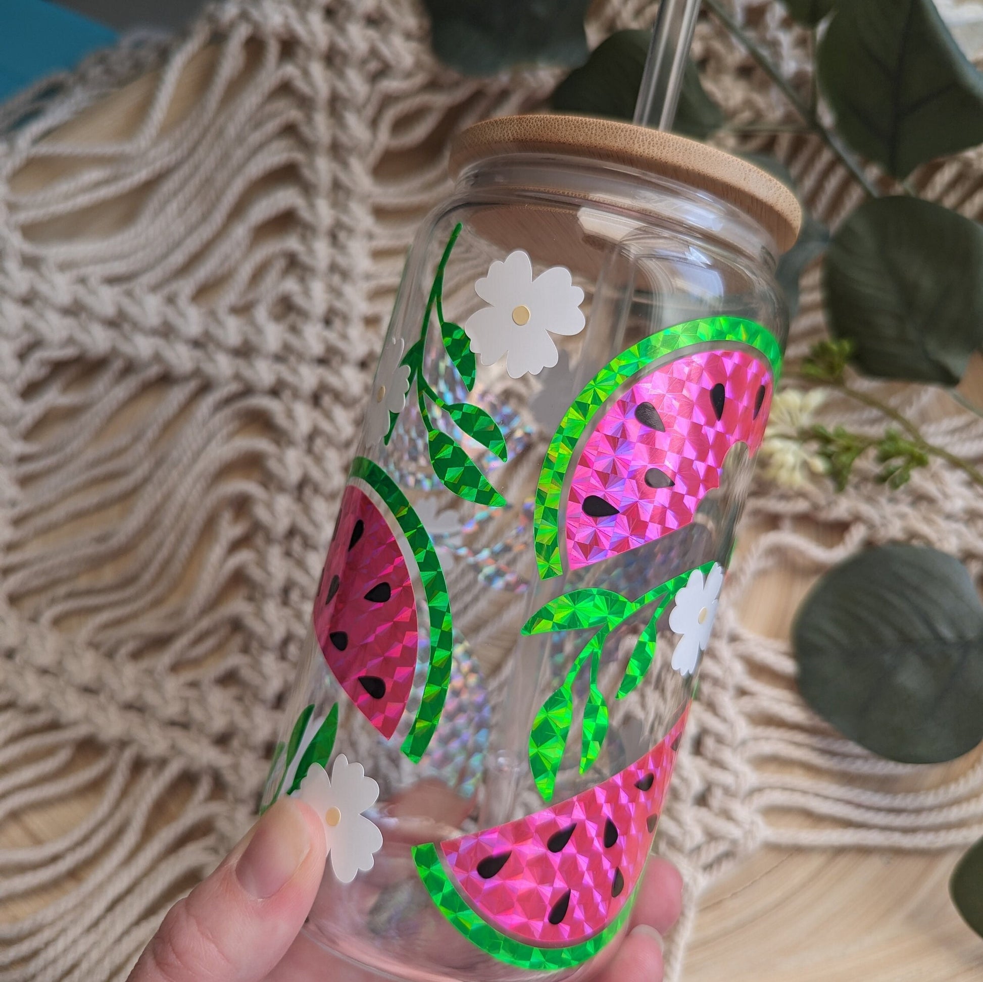 Watermelon holographic diamond design 16oz glass cup or 17oz glass mug with bamboo lid & reusable plastic straw. Pink and green. Cute cup.