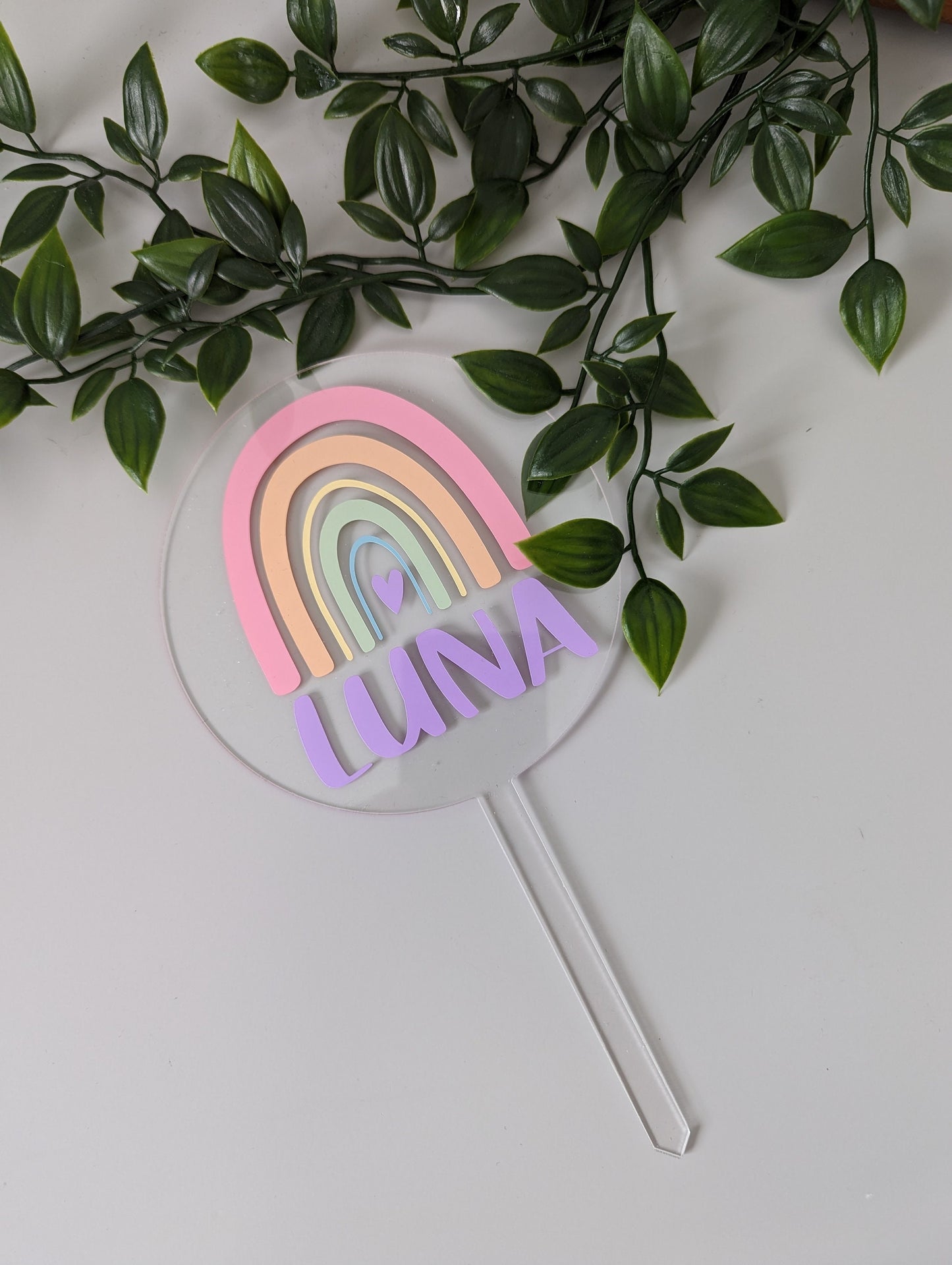 Personalised pastel rainbow acrylic 12cm cake topper. Custom name cake topper. Party decorations. Cake decorating. Cake accessories. Rainbow