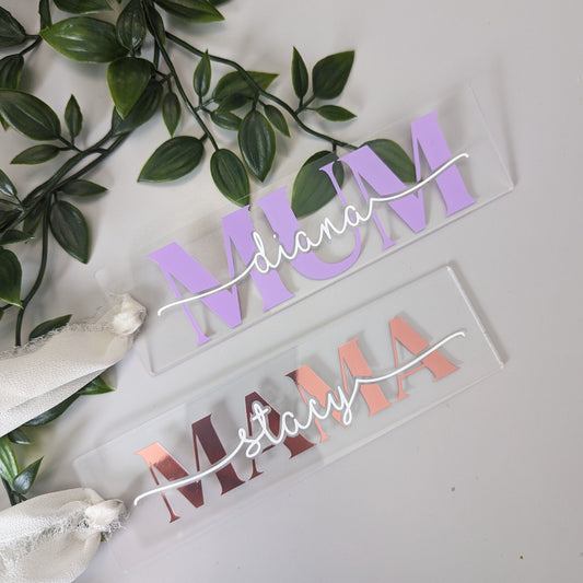 Personalised name acrylic bookmark for Mothers day. Mama, Mum, Mother, Gran, Aunty, Mummy custom bookmark with name. Wide range of colours