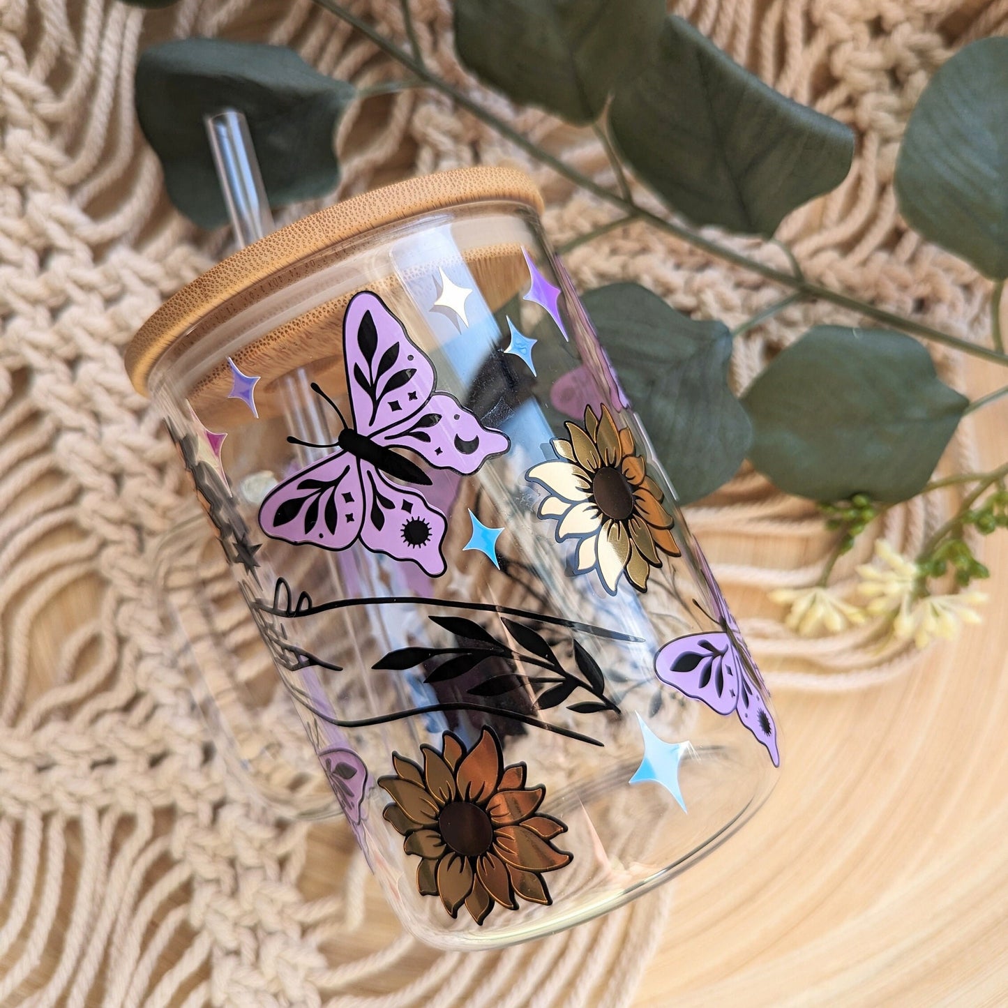 Mystical Minds 16oz glass can cup or 17oz glass mug with bamboo lid and reusable plastic straw. Sun, moon, butterflies, sunflower magic cute