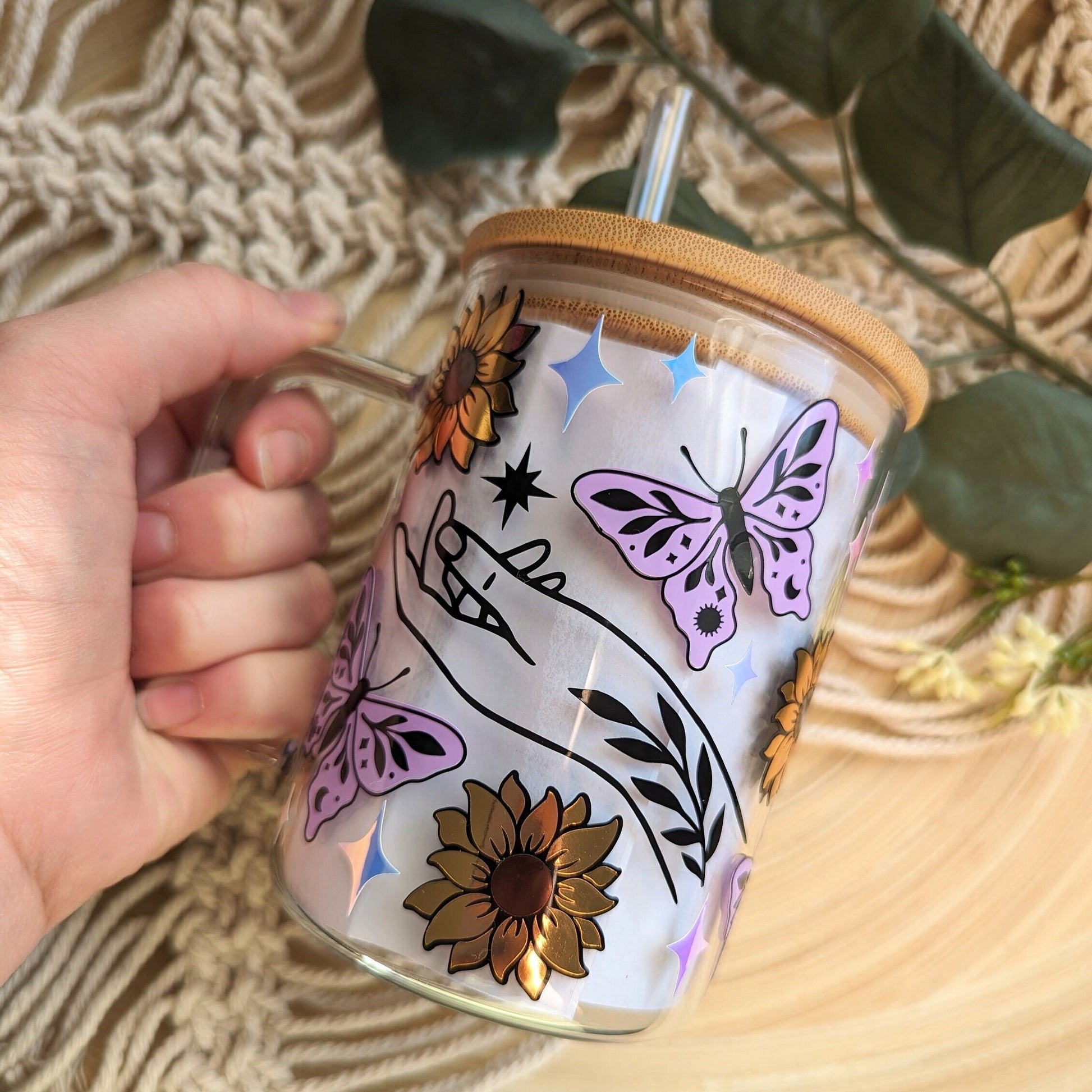 Mystical Minds 16oz glass can cup or 17oz glass mug with bamboo lid and reusable plastic straw. Sun, moon, butterflies, sunflower magic cute