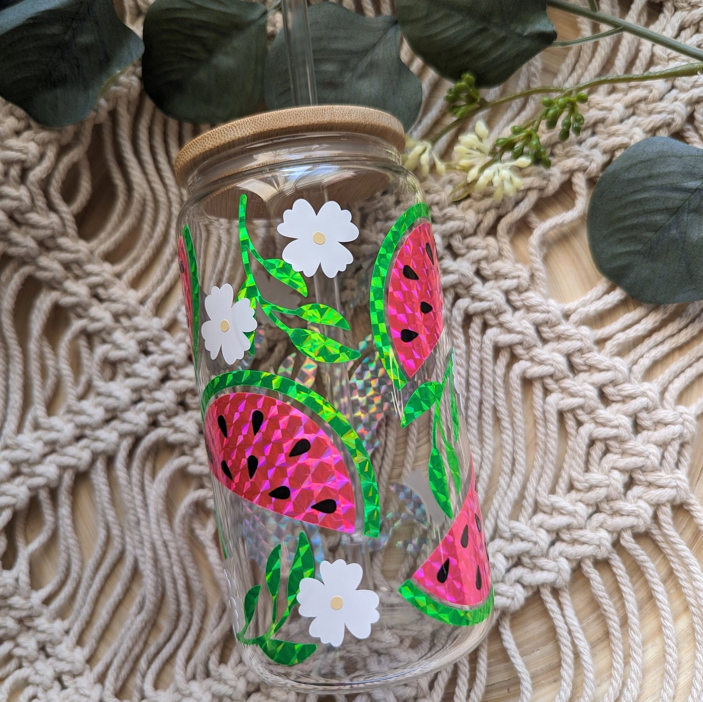 Watermelon holographic diamond design 16oz glass cup or 17oz glass mug with bamboo lid & reusable plastic straw. Pink and green. Cute cup.