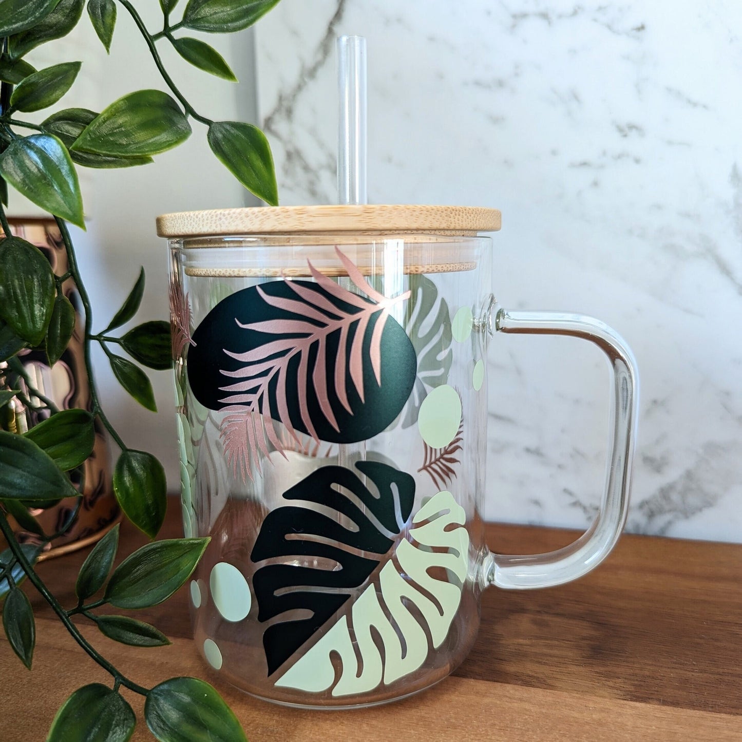 Rainforest 16oz glass can cup or 17oz glass mug with bamboo lid and reusable straw. Green and rose gold rainforest theme decal. coffee cup.