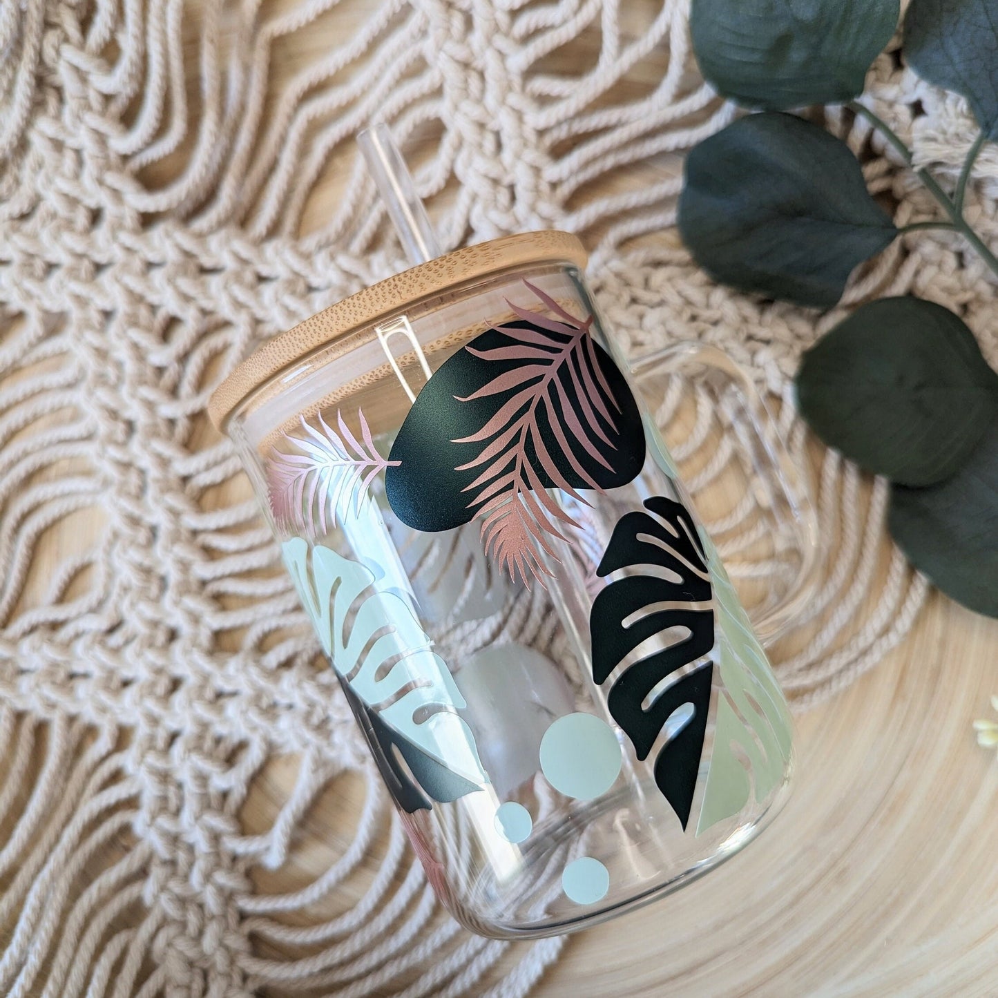 Rainforest 16oz glass can cup or 17oz glass mug with bamboo lid and reusable straw. Green and rose gold rainforest theme decal. coffee cup.