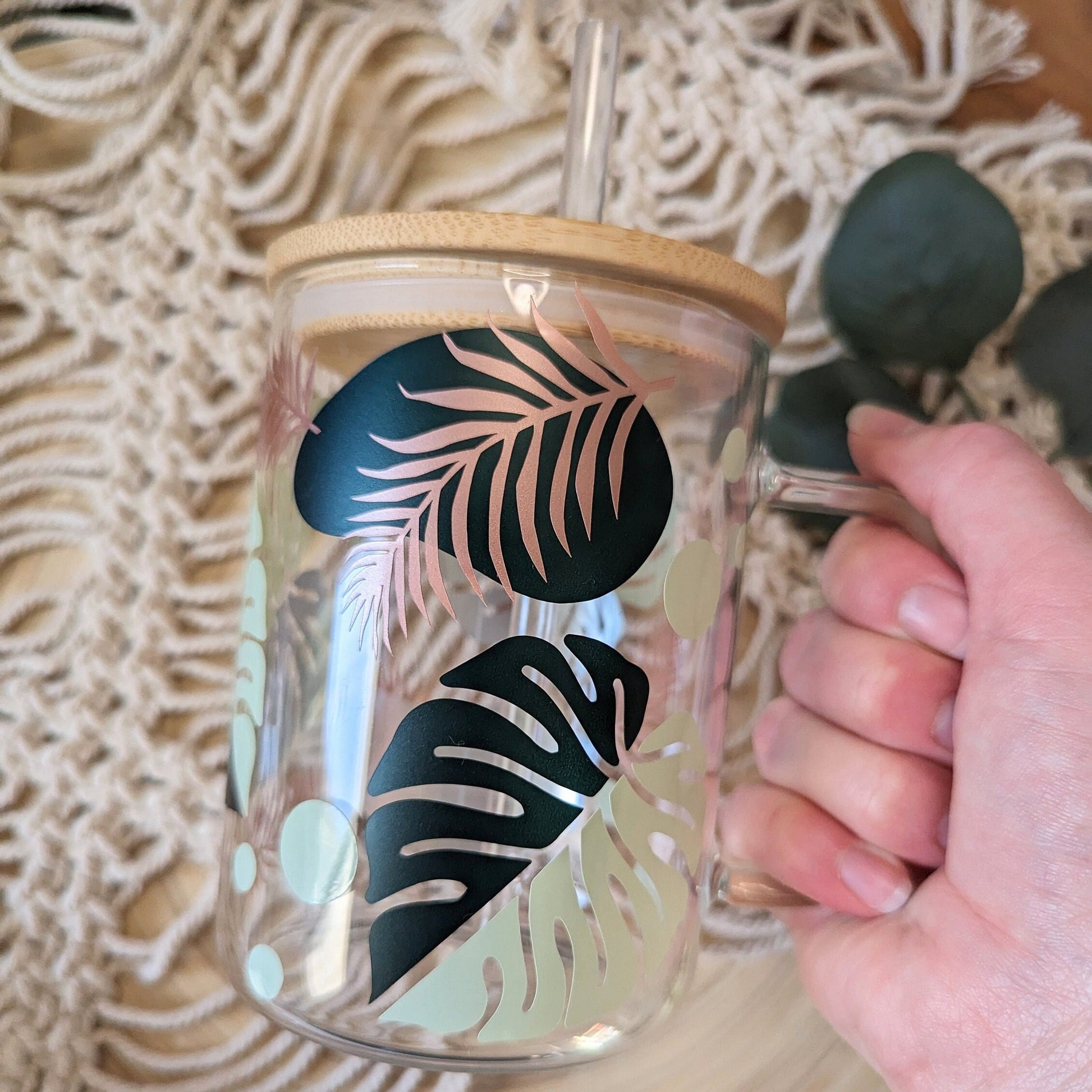 Rainforest 16oz glass can cup or 17oz glass mug with bamboo lid and reusable straw. Green and rose gold rainforest theme decal. coffee cup.