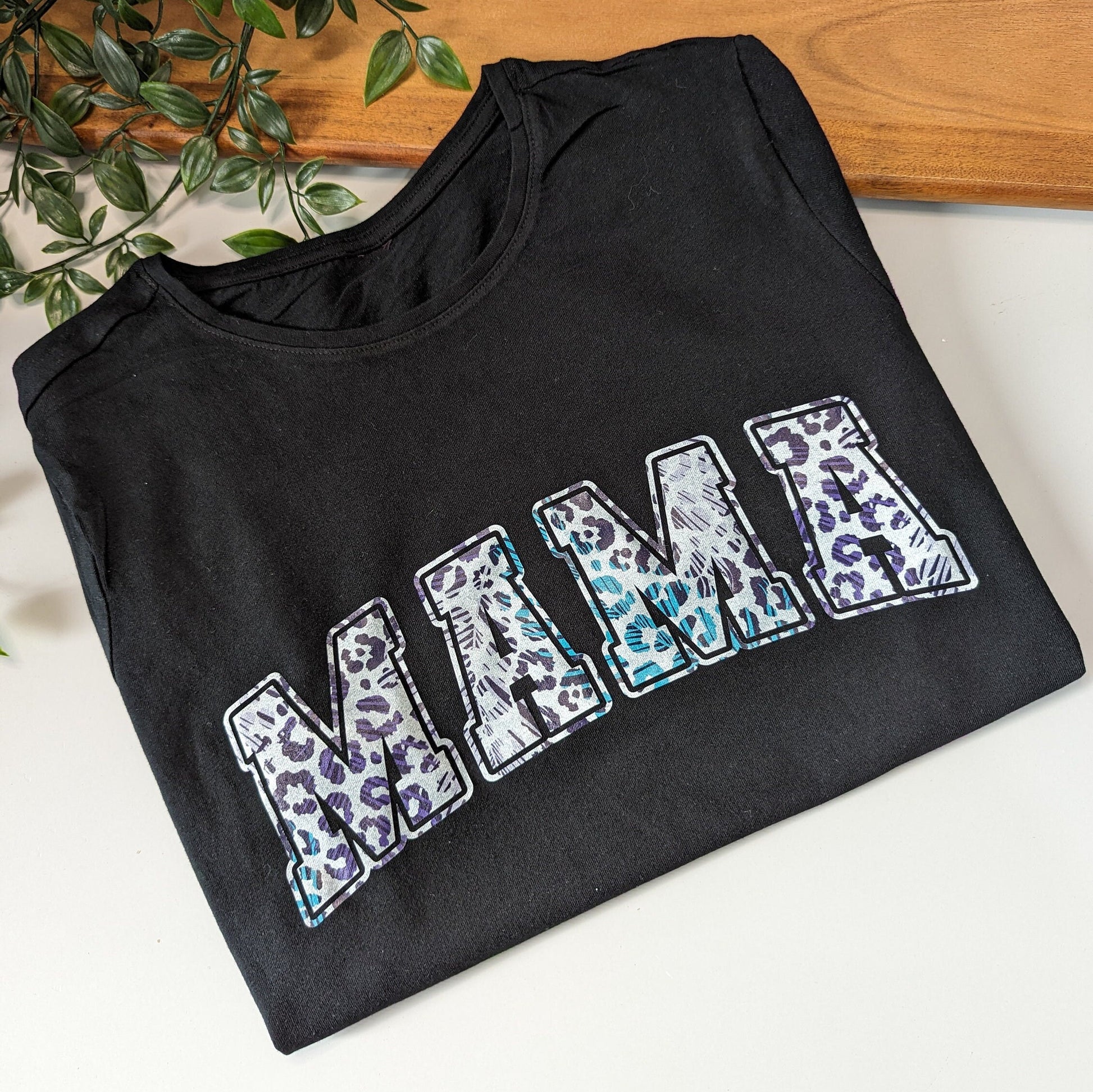 Blue tones leopard print MAMA varsity lettering black tshirt or crewneck fleece jumper. Gift for mum. Mothers Day shirt. Mama sweater