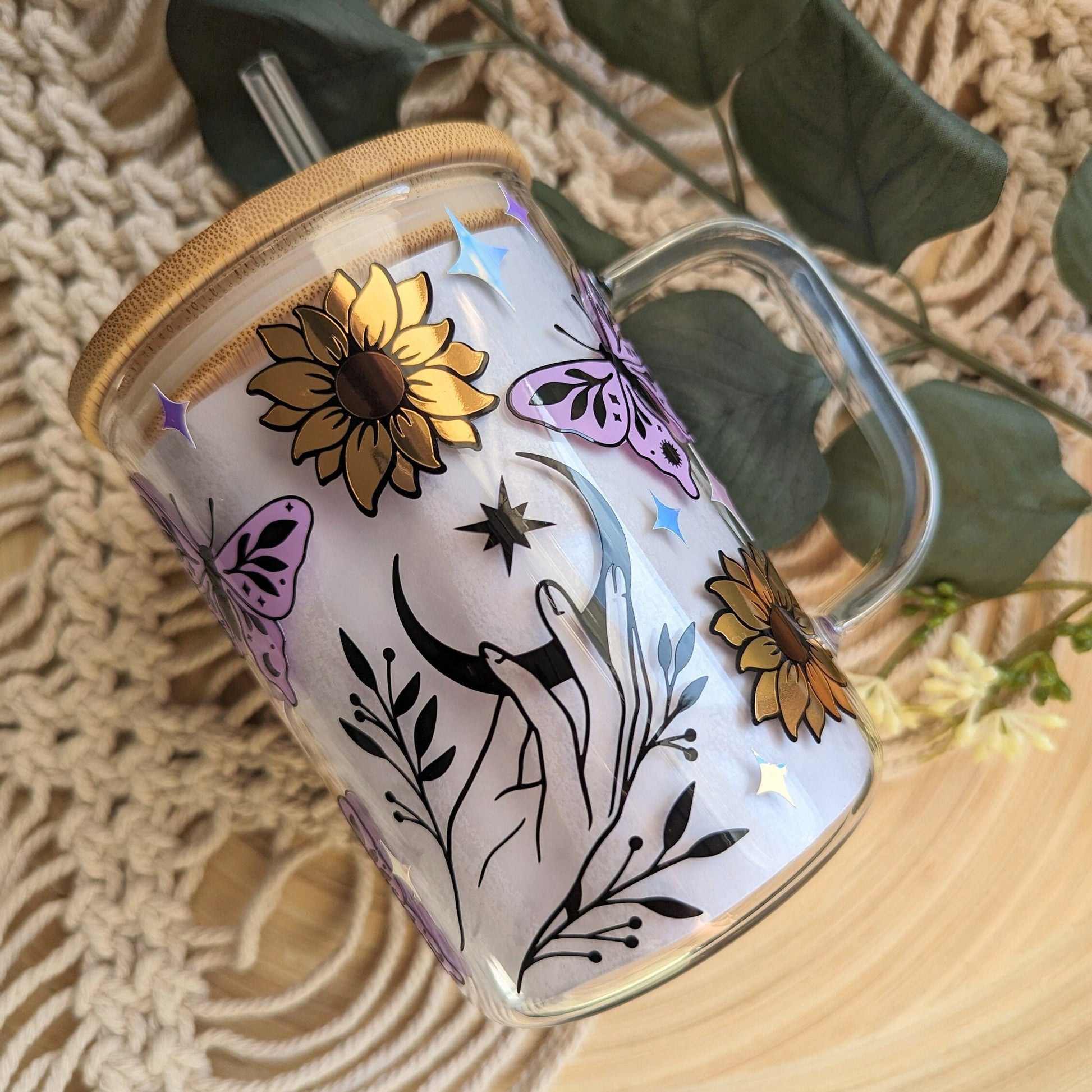 Mystical Minds 16oz glass can cup or 17oz glass mug with bamboo lid and reusable plastic straw. Sun, moon, butterflies, sunflower magic cute