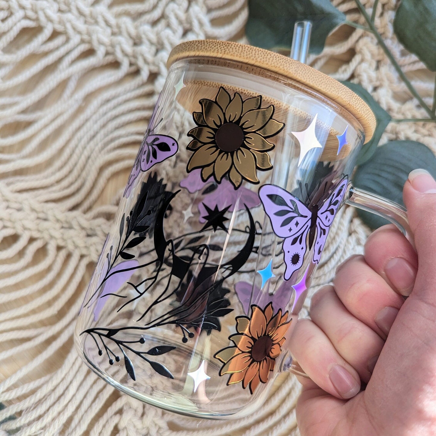 Mystical Minds 16oz glass can cup or 17oz glass mug with bamboo lid and reusable plastic straw. Sun, moon, butterflies, sunflower magic cute