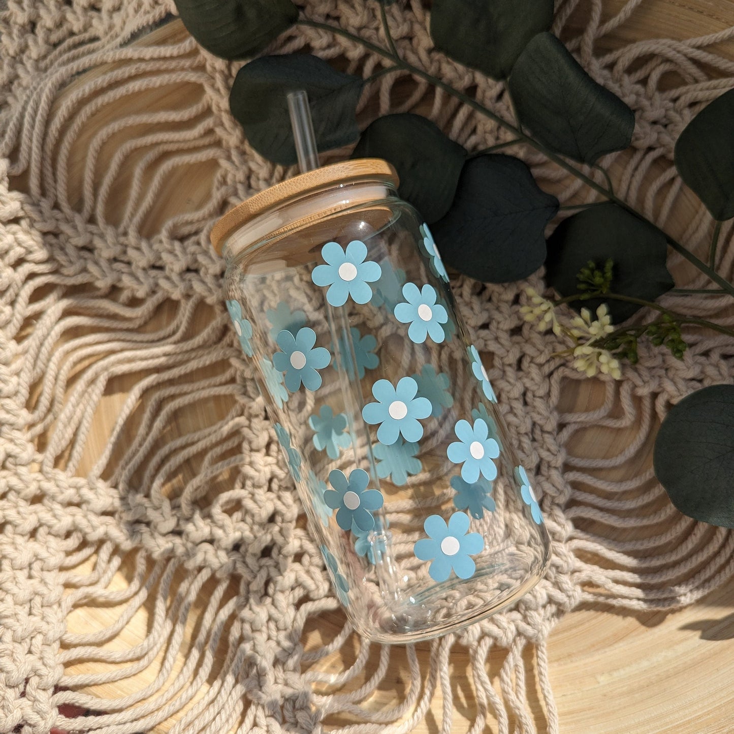 Daisy Fields 16oz glass can cup or 17oz glass mug with bamboo lid and reusable plastic straw. Coffee cup. Girly cup. Cute iced coffee cup.