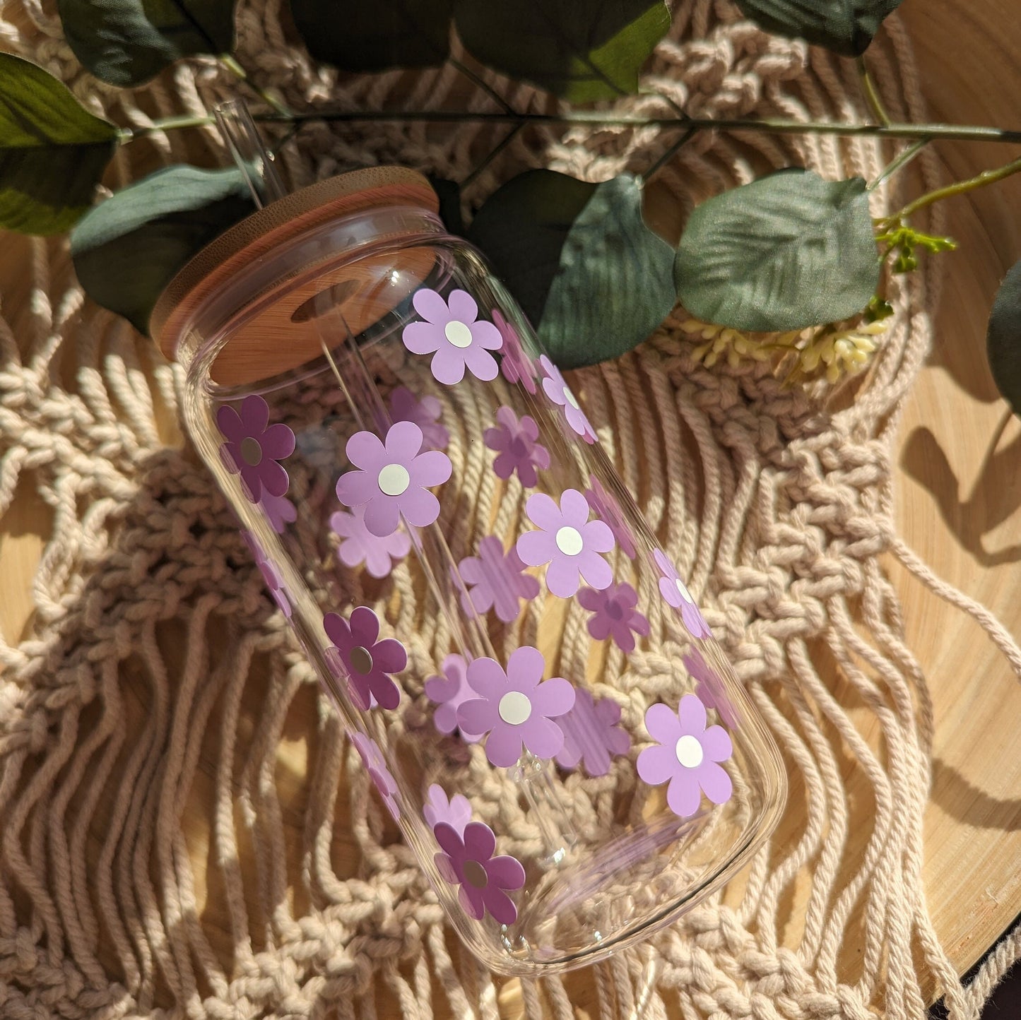 Daisy Fields 16oz glass can cup or 17oz glass mug with bamboo lid and reusable plastic straw. Coffee cup. Girly cup. Cute iced coffee cup.