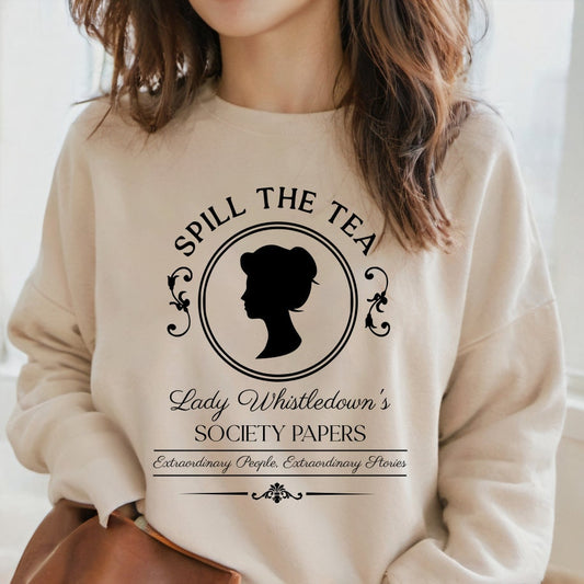 Bridgerton theme Lady Whistledown Society Papers Spill the Tea crewneck fleece jumper. Womens crewneck sweatshirt spill the tea