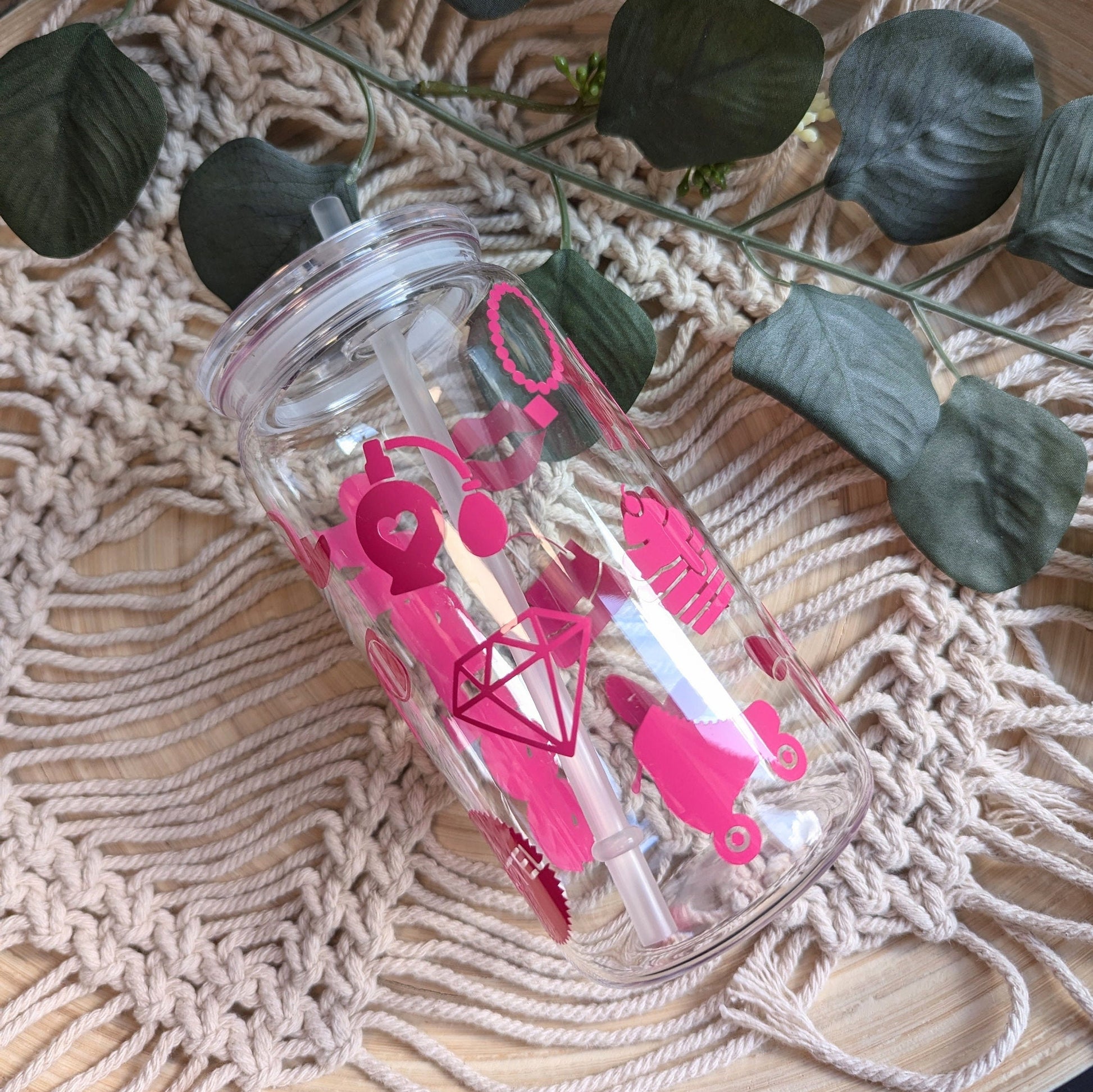 Personalised Barbie theme 16oz glass cup, 17oz glass mug with bamboo lid & reusable plastic straw or 16oz acrylic cup with clear acrylic lid