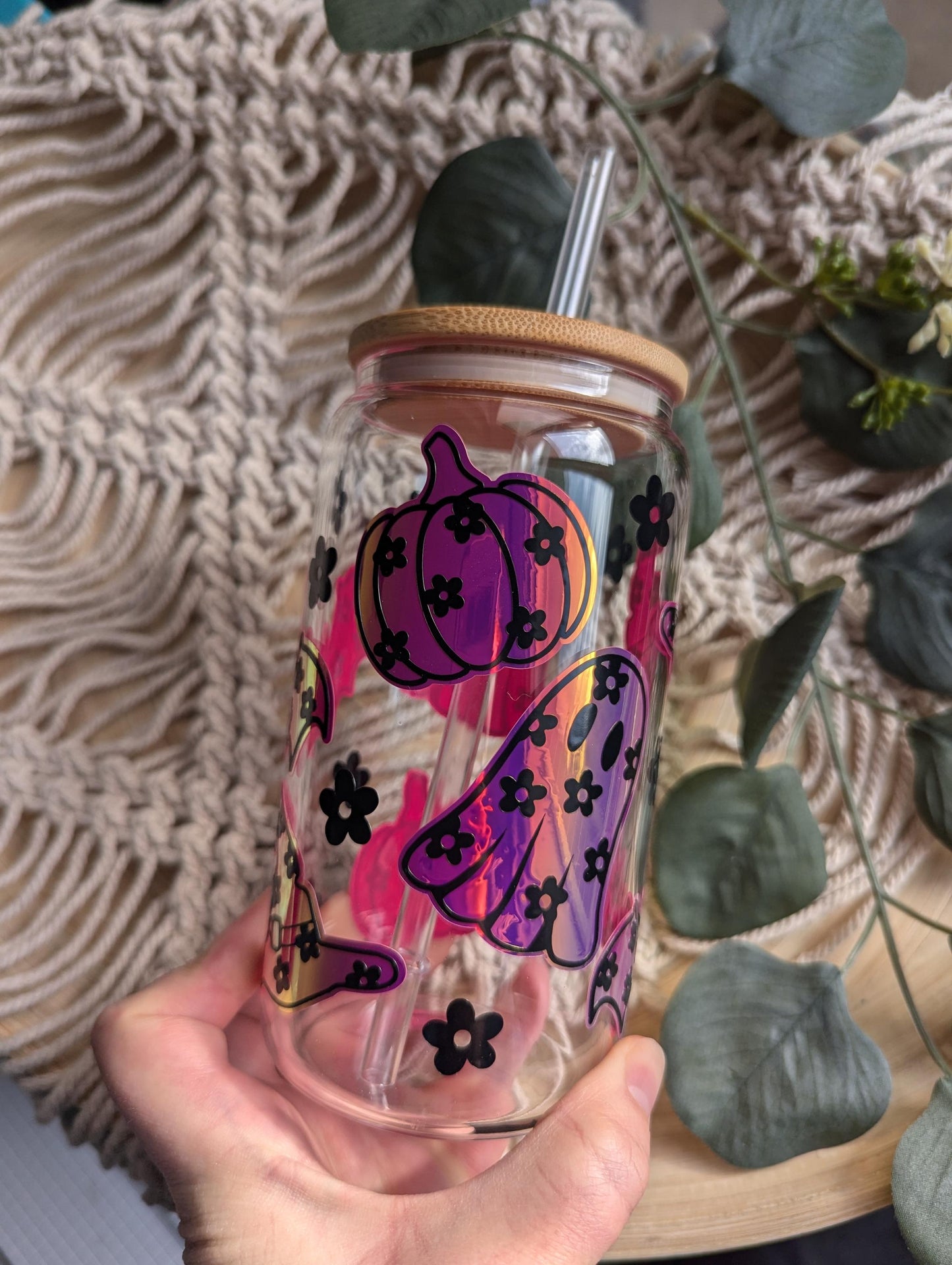 Spooky Daisy Pink Hologprahic Halloween 16oz glass cup, 16oz acrylic cup or 17oz glass mug. Girly Halloween, witches hat,pumpkin, bat, ghost