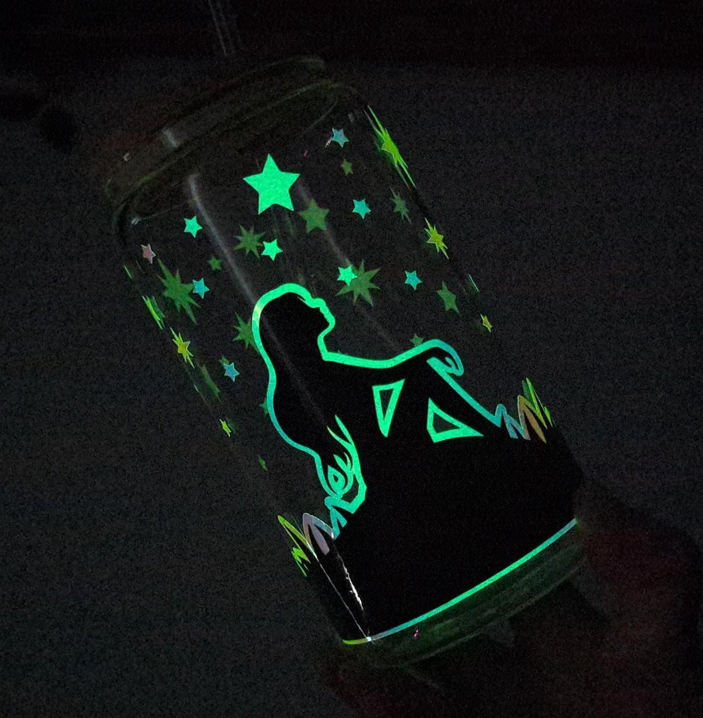 Stargazer glow in the dark 16oz glass cup or 17oz glass mug with bamboo lid & reusable plastic straw. Glow in the dark stars. Coffee cup.