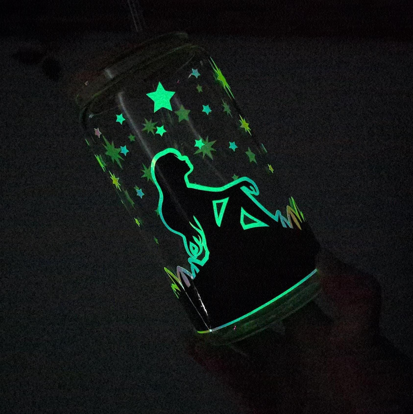 Stargazer glow in the dark 16oz glass cup or 17oz glass mug with bamboo lid & reusable plastic straw. Glow in the dark stars. Coffee cup.