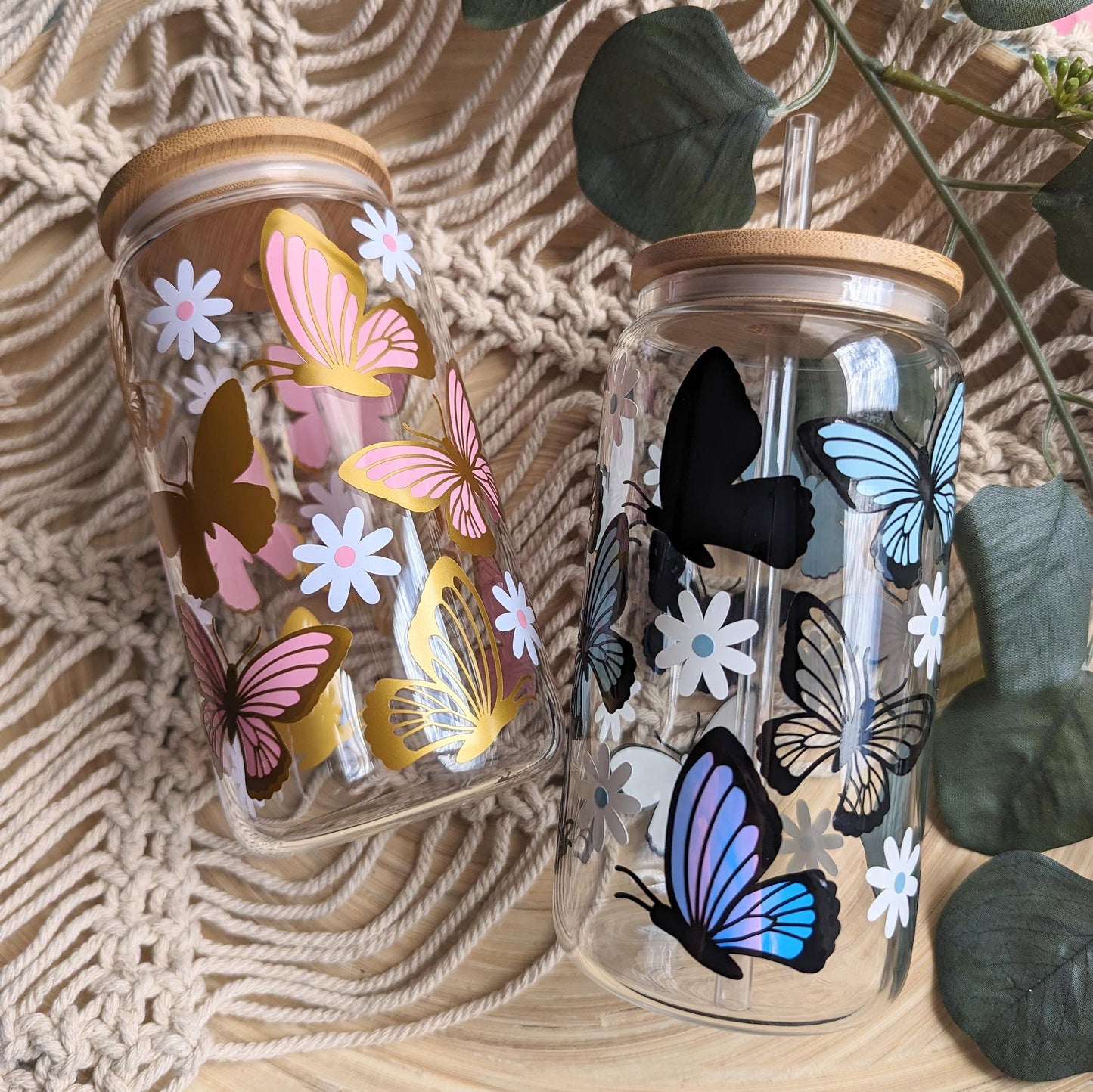 Butterfly Dreams 17oz Glass Mug or 16oz Glass Can Cup with Bamboo Lid & Reusable Plastic Straw. Coffee Cup Iced Coffee. Vinyl