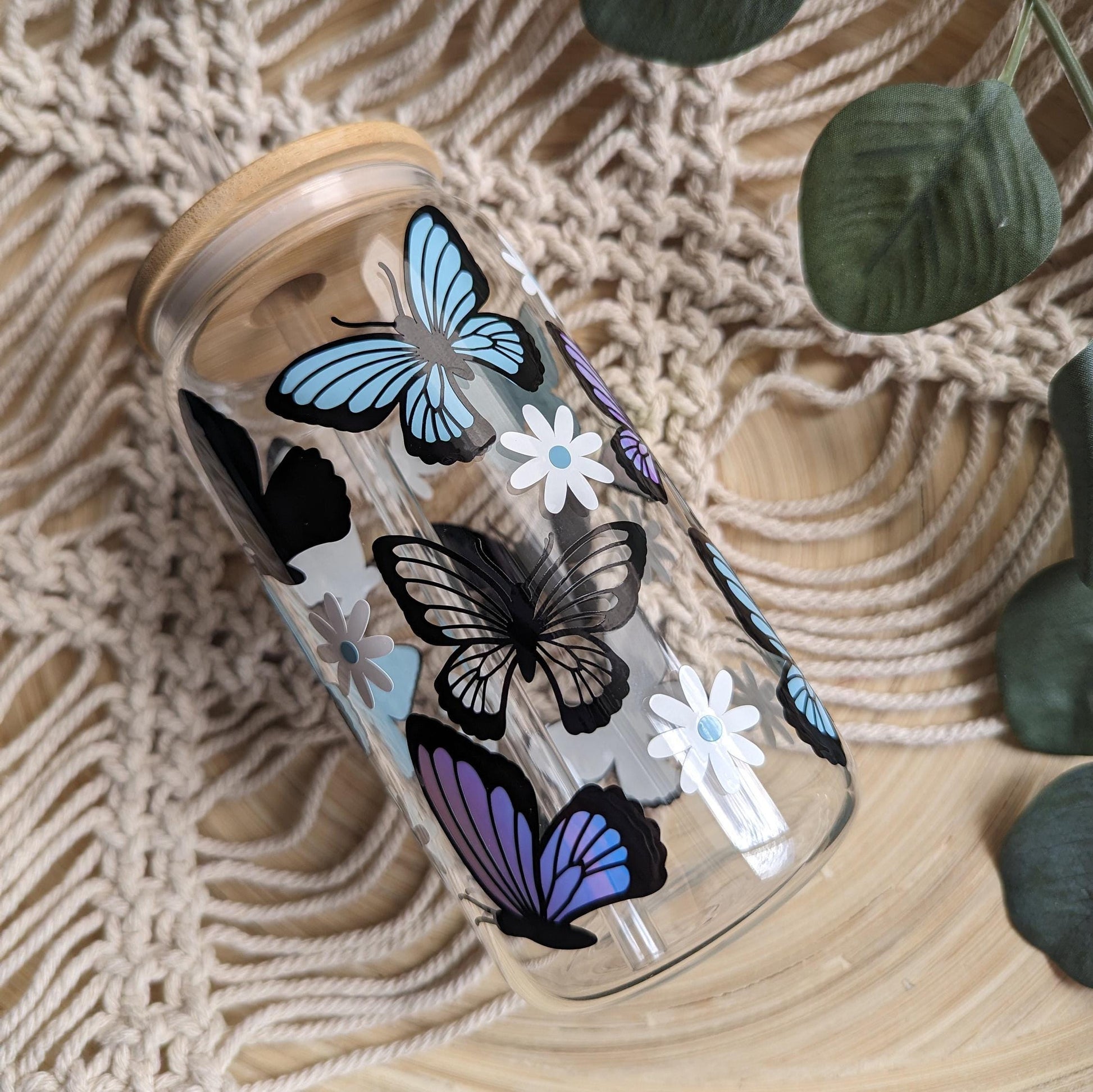 Butterfly Dreams 17oz Glass Mug or 16oz Glass Can Cup with Bamboo Lid & Reusable Plastic Straw. Coffee Cup Iced Coffee. Vinyl