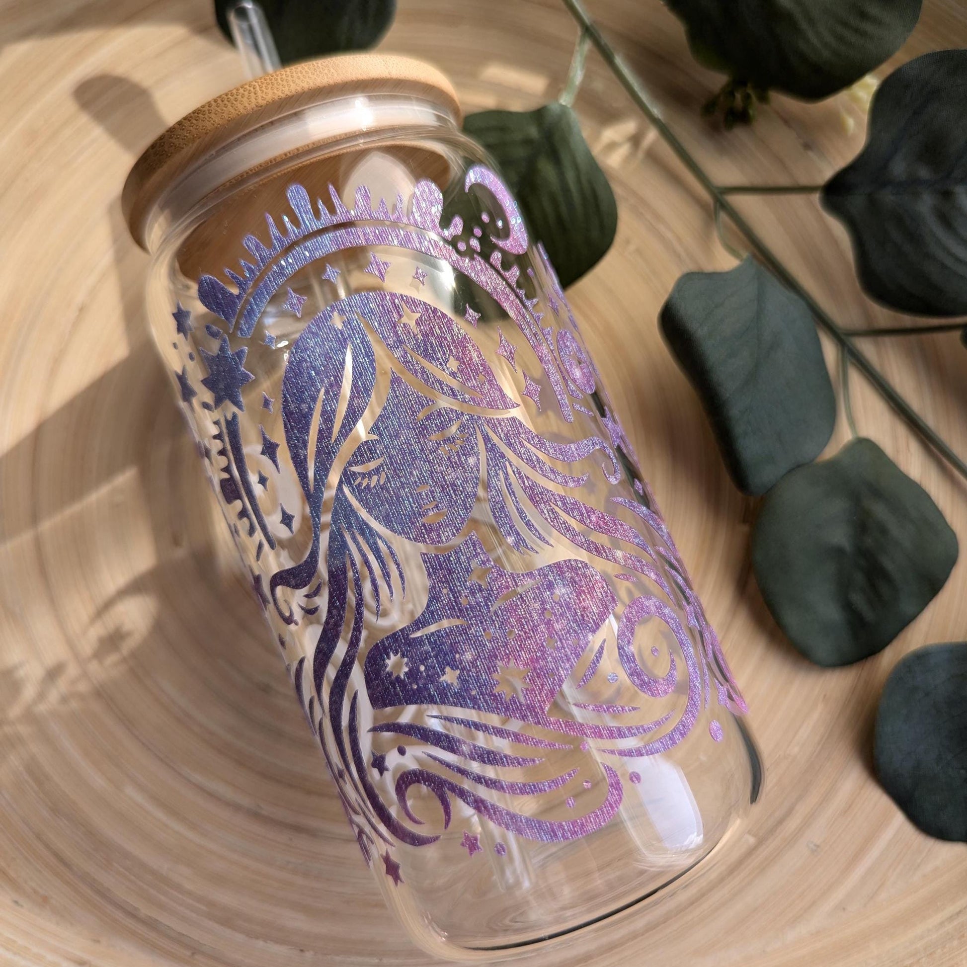 Celestial glitter brush feel 16oz glass cup or 17oz glass mug with bamboo lid and reusable plastic straw. Magical, mystical, beautiful woman