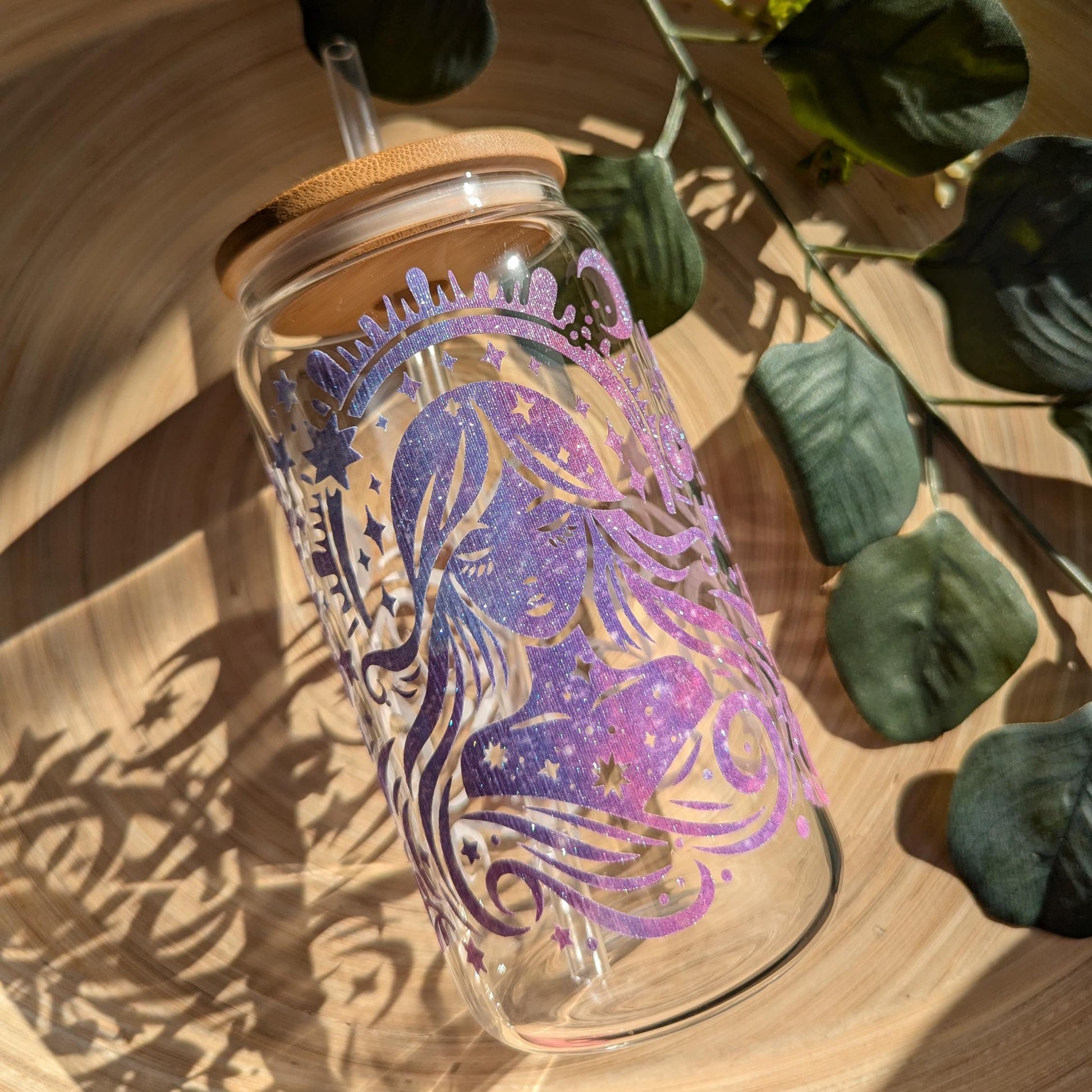 Celestial glitter brush feel 16oz glass cup or 17oz glass mug with bamboo lid and reusable plastic straw. Magical, mystical, beautiful woman