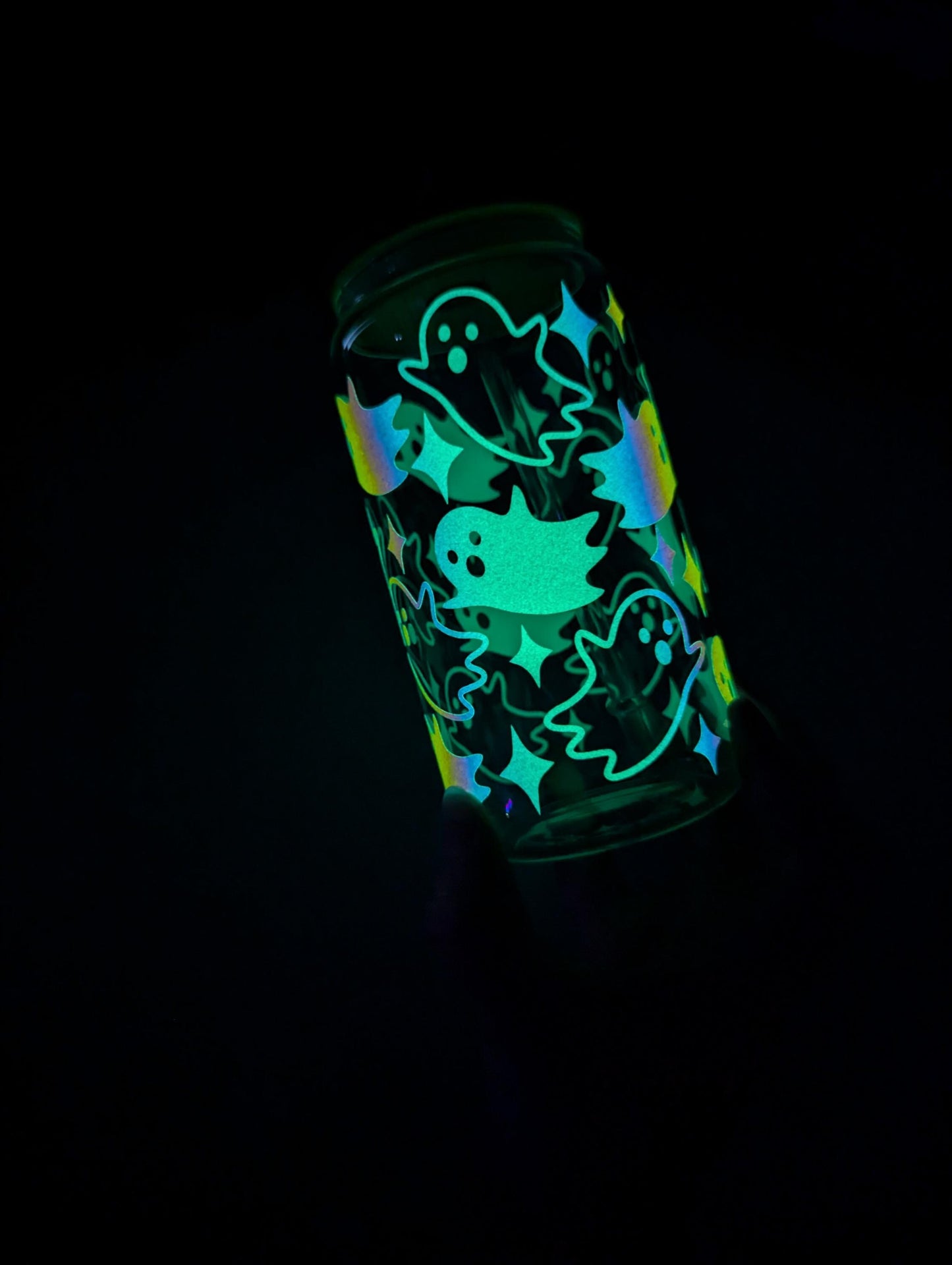 Spooky Ghosts Glow in the Dark 17oz Glass Mug or 16oz Glass Can Cup with Bamboo Lid & Reusable Straw. Halloween. Coffee mug. Iced coffee