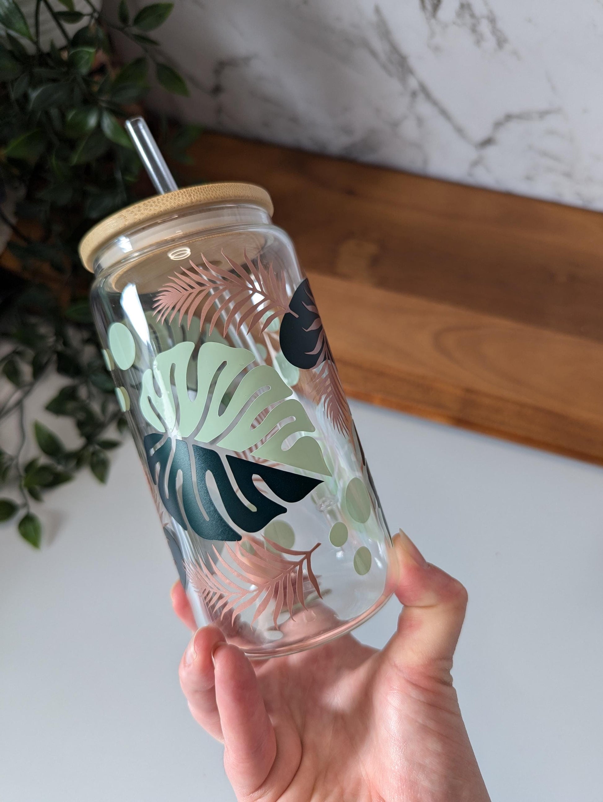 Rainforest 16oz glass can cup or 17oz glass mug with bamboo lid and reusable straw. Green and rose gold rainforest theme decal. coffee cup.