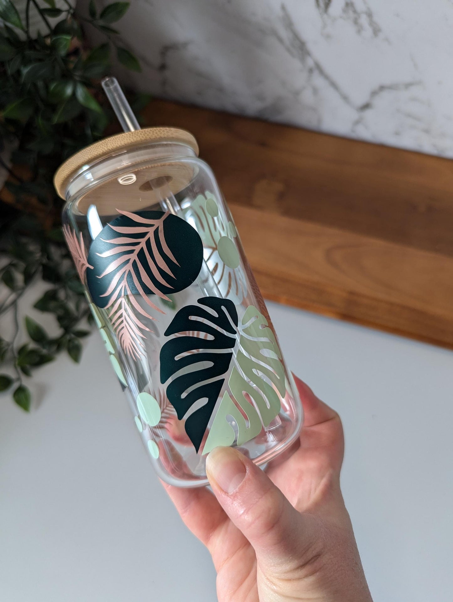 Rainforest 16oz glass can cup or 17oz glass mug with bamboo lid and reusable straw. Green and rose gold rainforest theme decal. coffee cup.