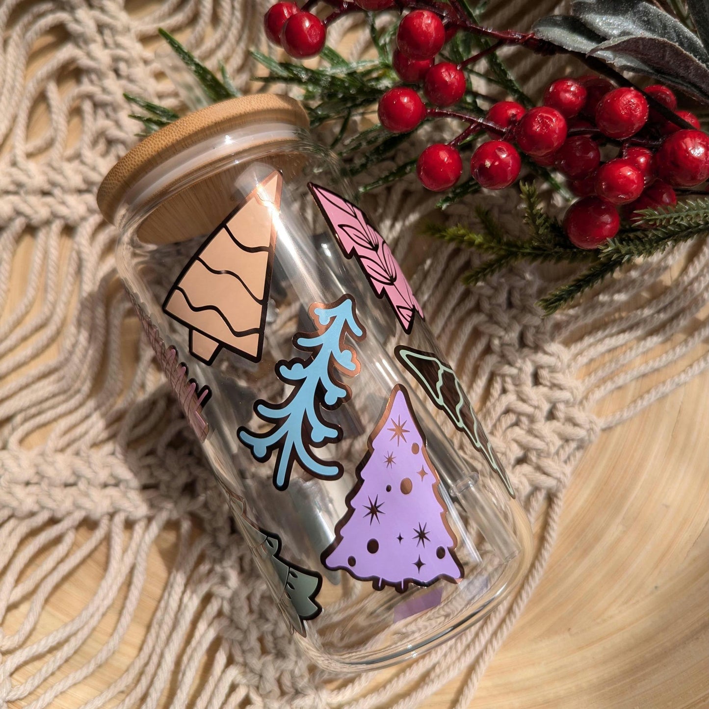 Pastel Christmas Tree Forest 16oz glass or acrylic cup and 17oz glass mug. Festive Gift. Christmas Tree Farm. Coffee cup. Rainbow Trees