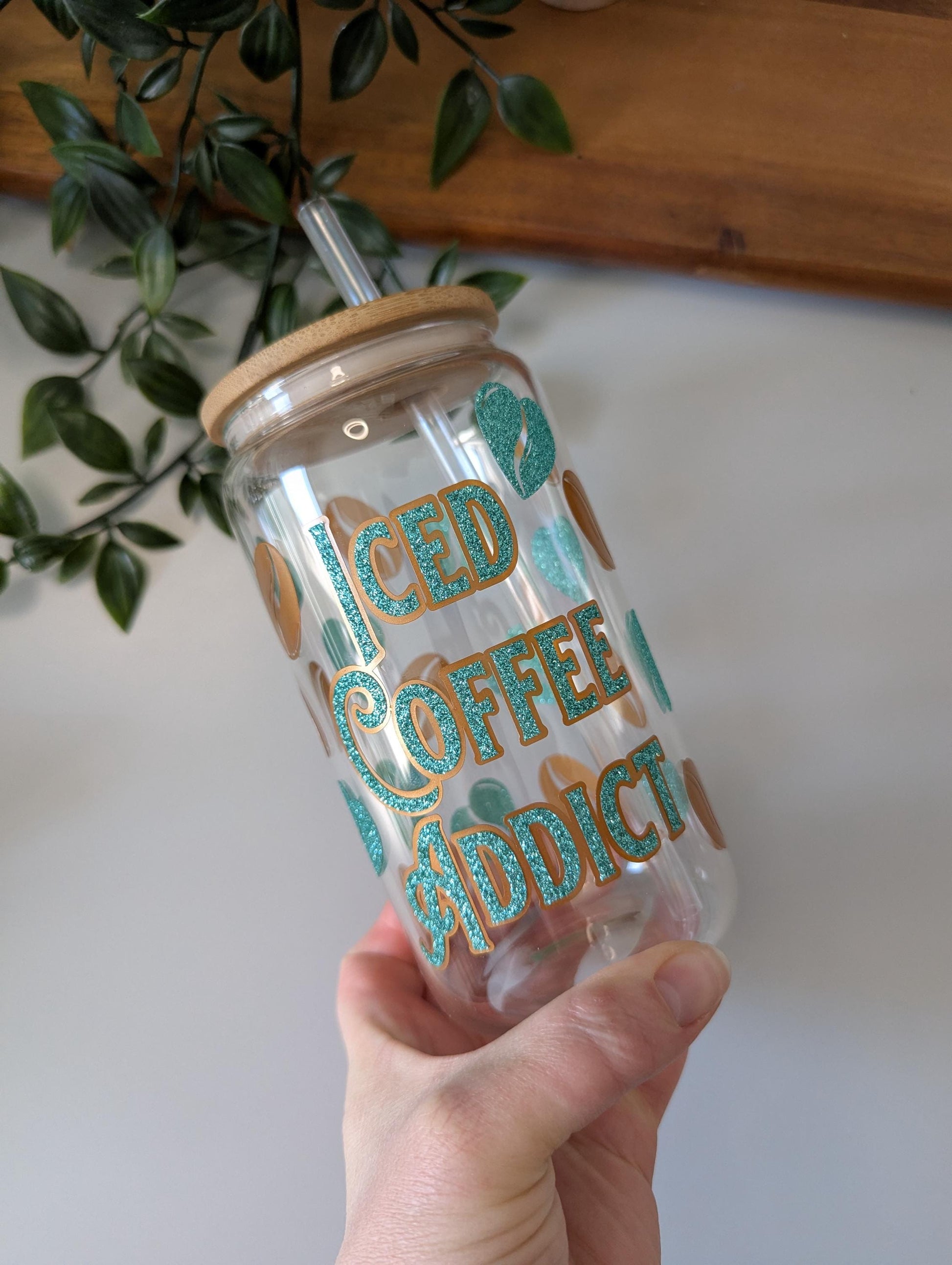 Iced Coffee Addict Pink Glitter & Copper 16oz glass can cup with bamboo lid and reusable plastic straw. Coffee. Vinyl cup. Pink. Glass