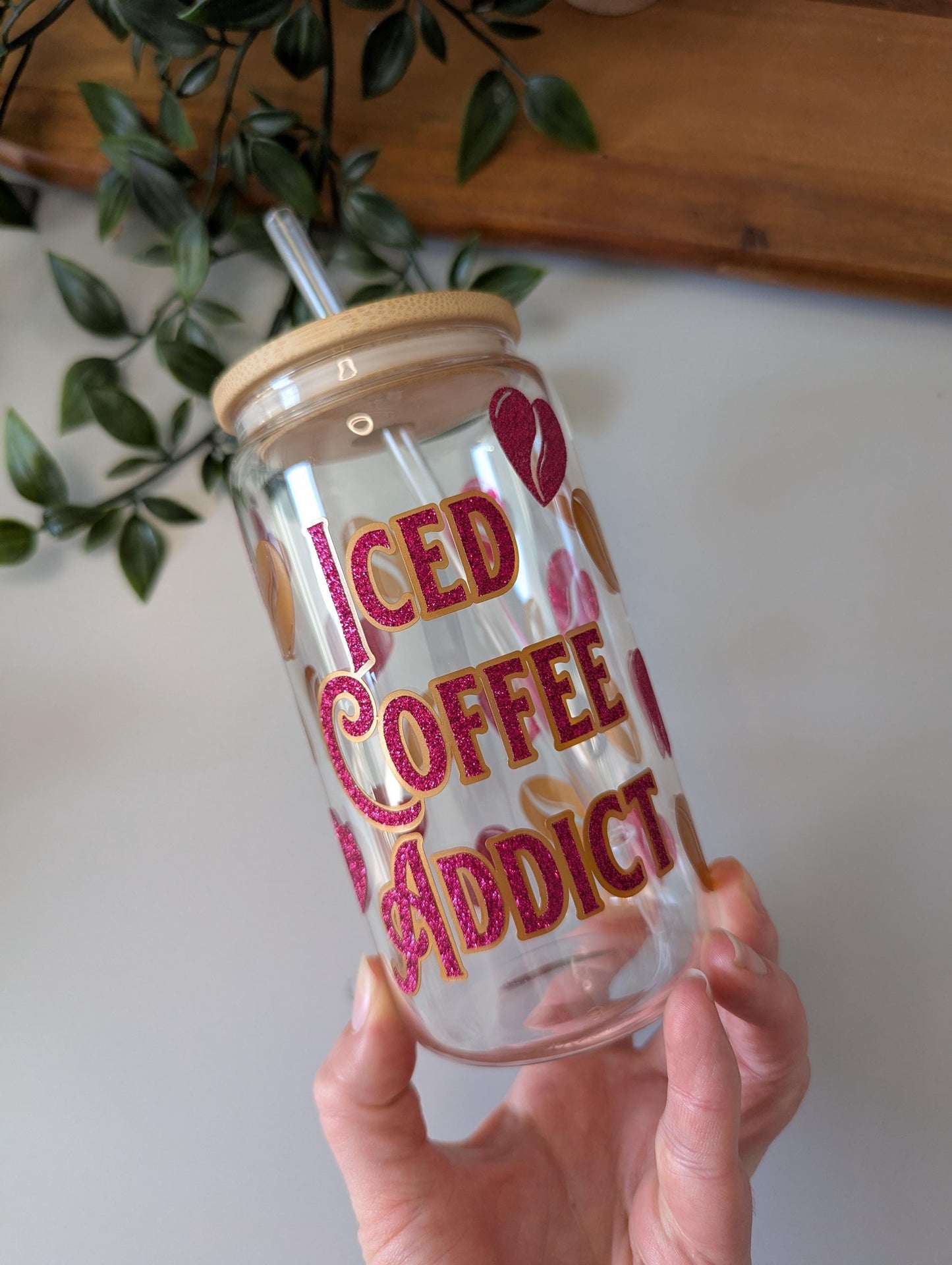 Iced Coffee Addict Pink Glitter & Copper 16oz glass can cup with bamboo lid and reusable plastic straw. Coffee. Vinyl cup. Pink. Glass