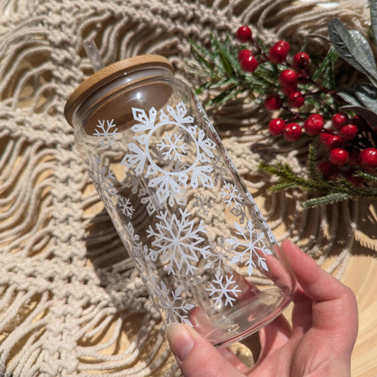 Christmas Snow Storm 16oz glass can or 17oz glass mug with bamboo lid & reusable plastic straw. Christmas gift. Coffee Mug Present snowflake