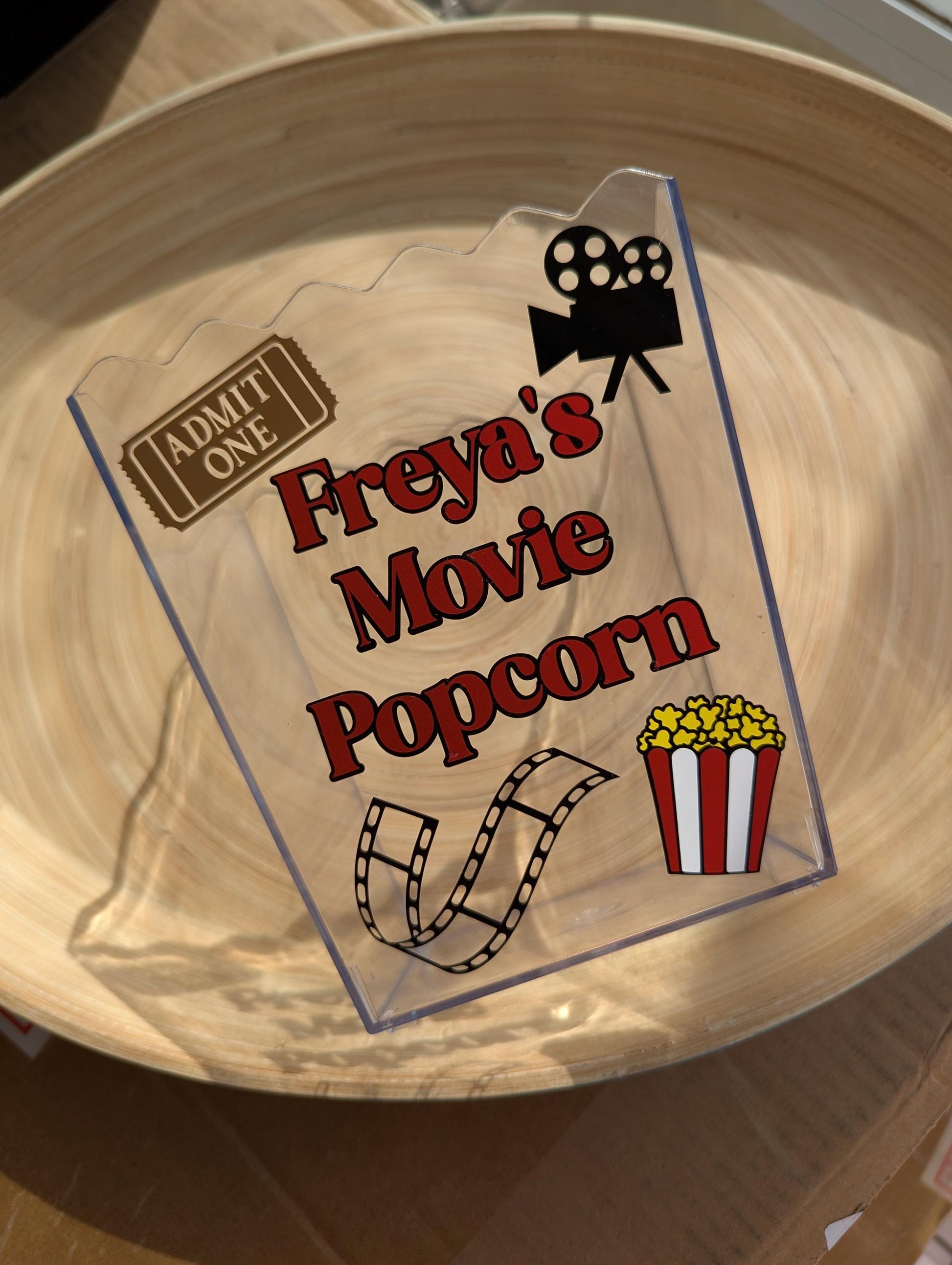 Personalised kids name movie popcorn bucket. Golden ticket, movie snacks. Custom children's gift bucket.