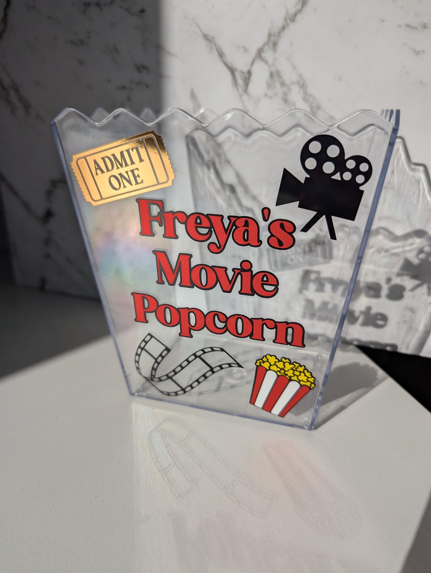 Personalised kids name movie popcorn bucket. Golden ticket, movie snacks. Custom children's gift bucket.