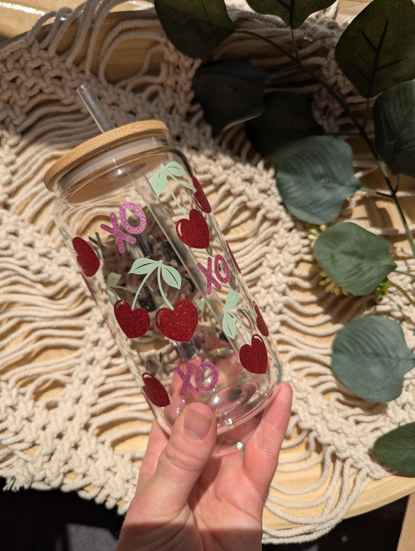 Cherry Kisses glittery 16oz glass cup or 17oz glass mug with bamboo lid &reusable plastic straw. Cute coffee cup. Iced coffee. Valentine's