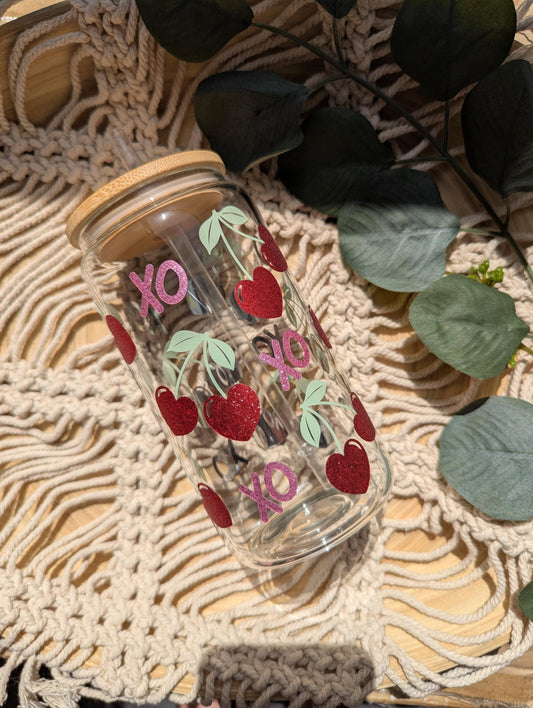 Cherry Kisses glittery 16oz glass cup or 17oz glass mug with bamboo lid &reusable plastic straw. Cute coffee cup. Iced coffee. Valentine's